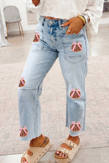 Beau Blue Sequined Pumpkin Patchwork Ankle-Length Casual Jeans
