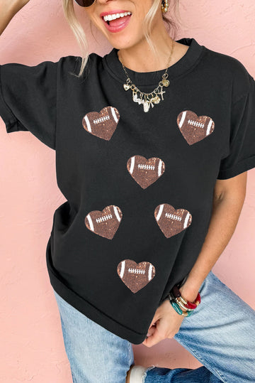 Black Rugby Football Sequin Heart Patched Graphic Tee