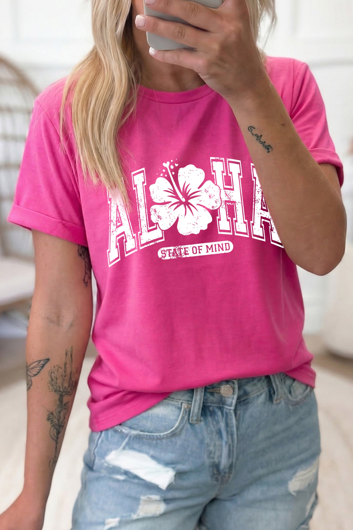 Rose Red ALOHA STATE OF MIND Flower Printed Tee