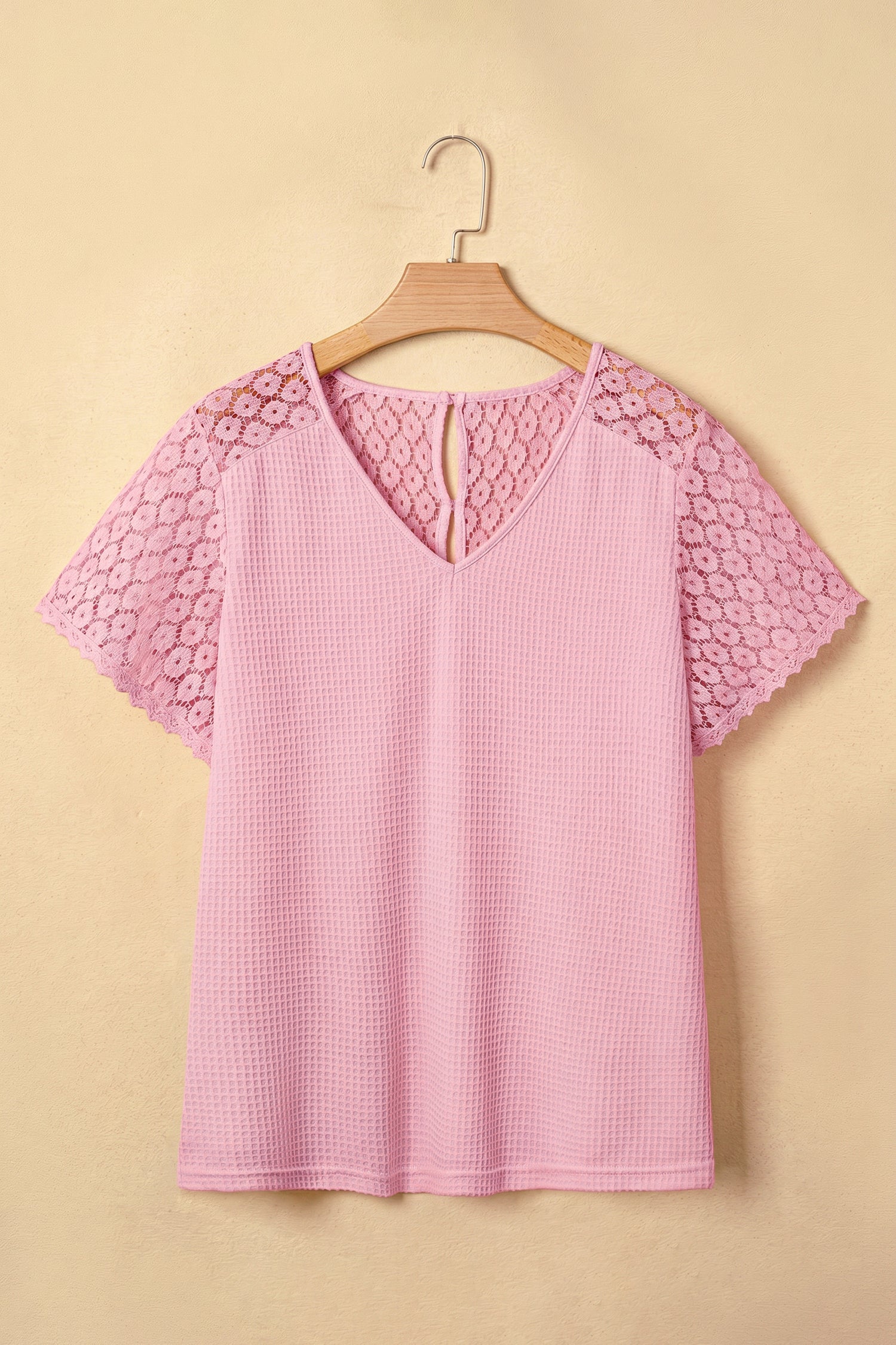 Pink Lace Splicing Button Cutout V Neck Waffle Knit Blouse