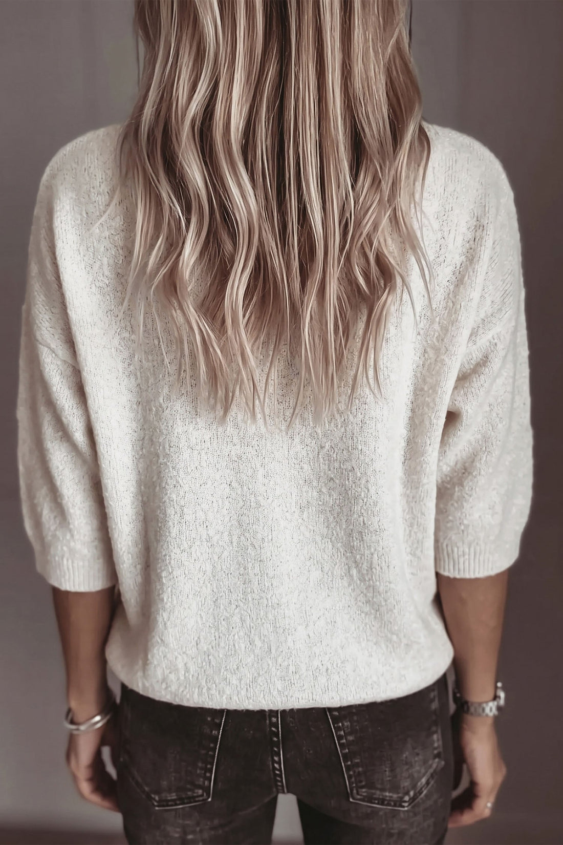 White V Neck Three Quarter Sleeve Casual Sweater