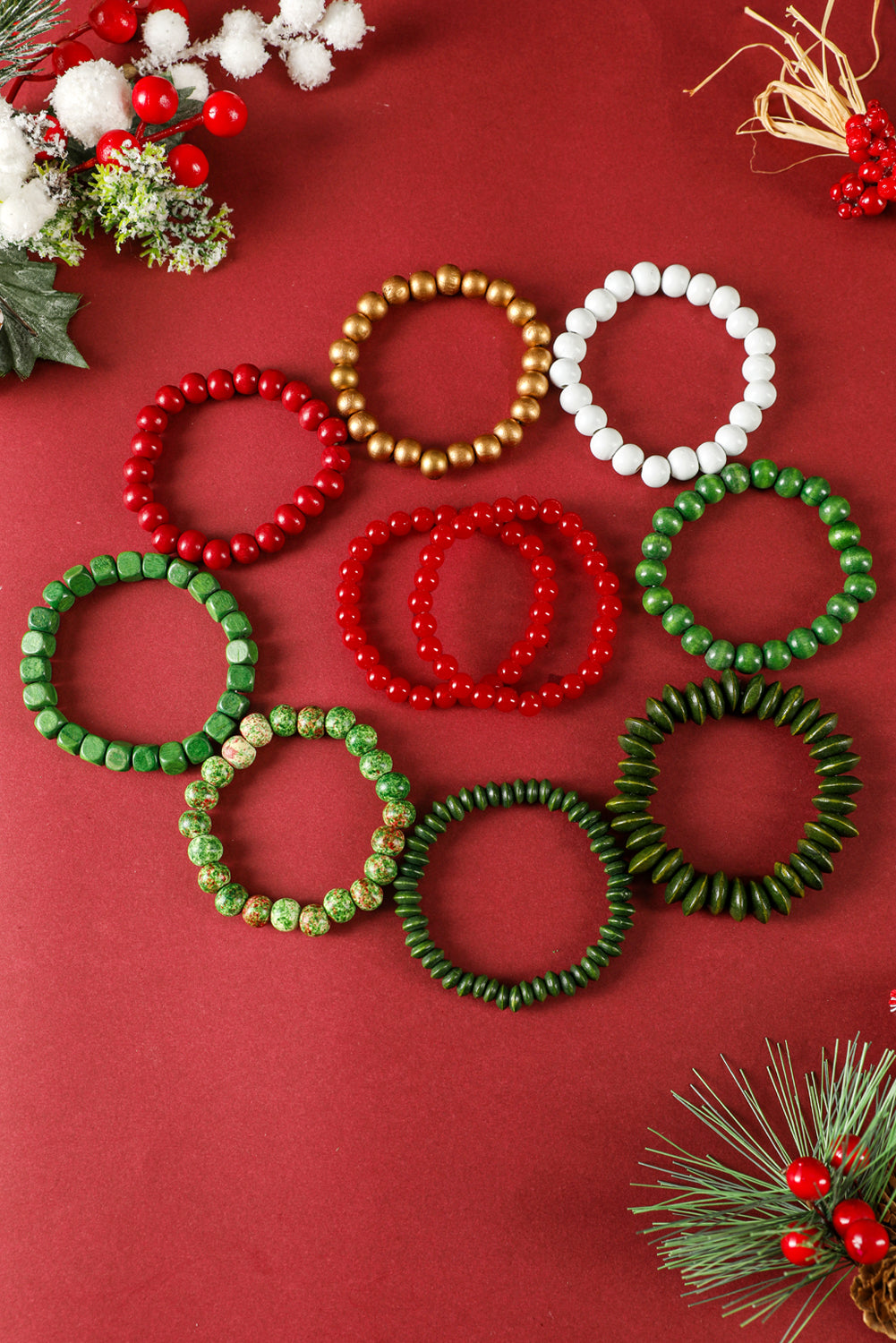 Fiery Red Christmas Mixed Color Stackable Bracelets 10pcs/Set
