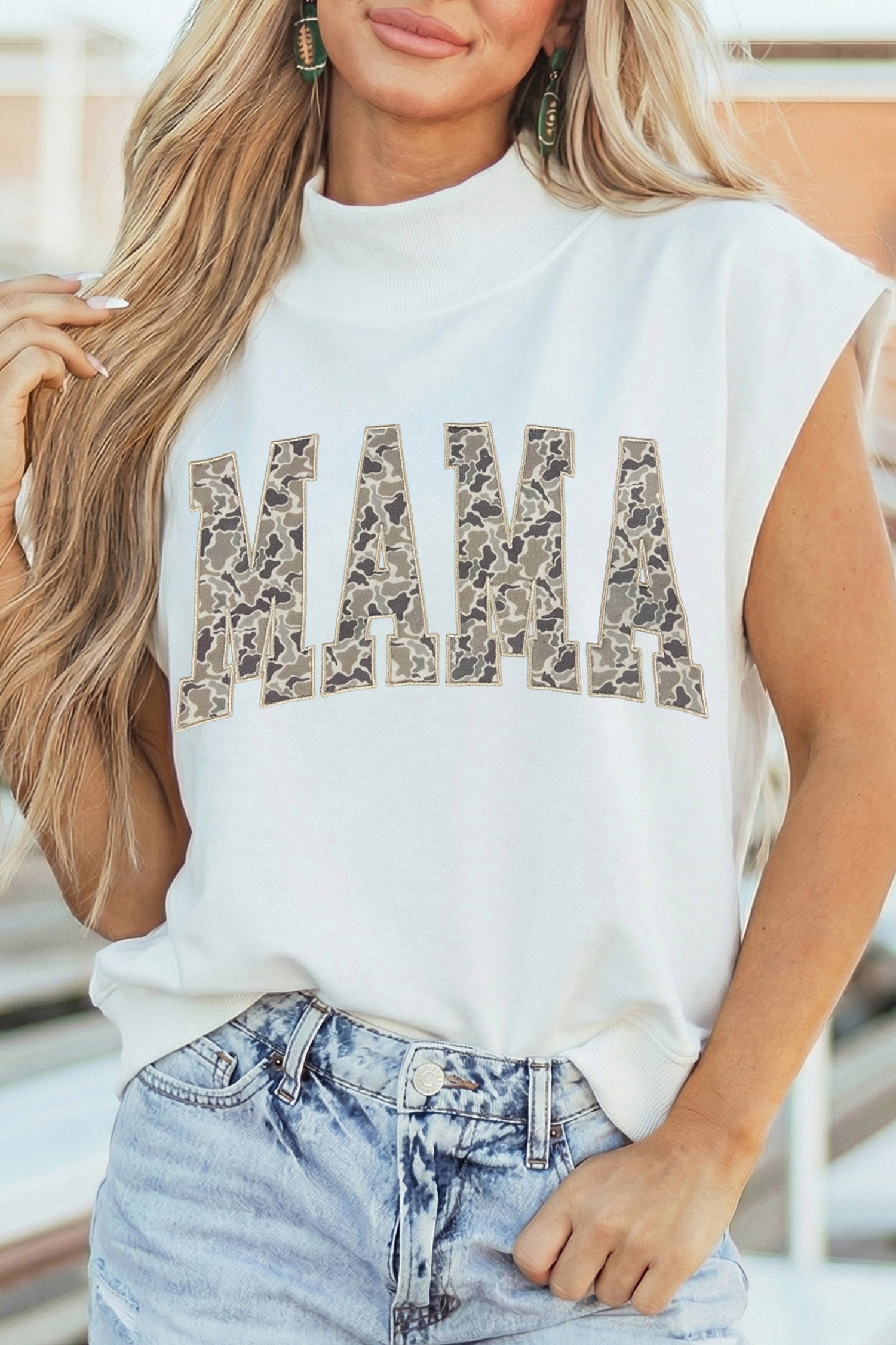 White Camouflage MAMA Lettering Cap Sleeve High Neck Top