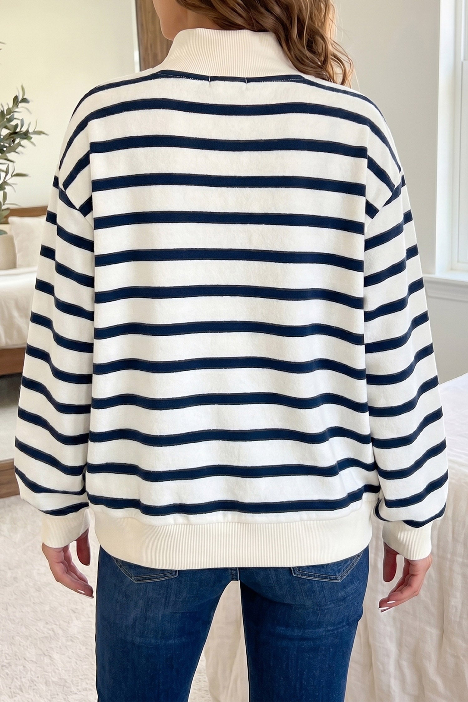 Blue Stripe Sequin Rugby Print Mock Neck Casual Sweatshirt