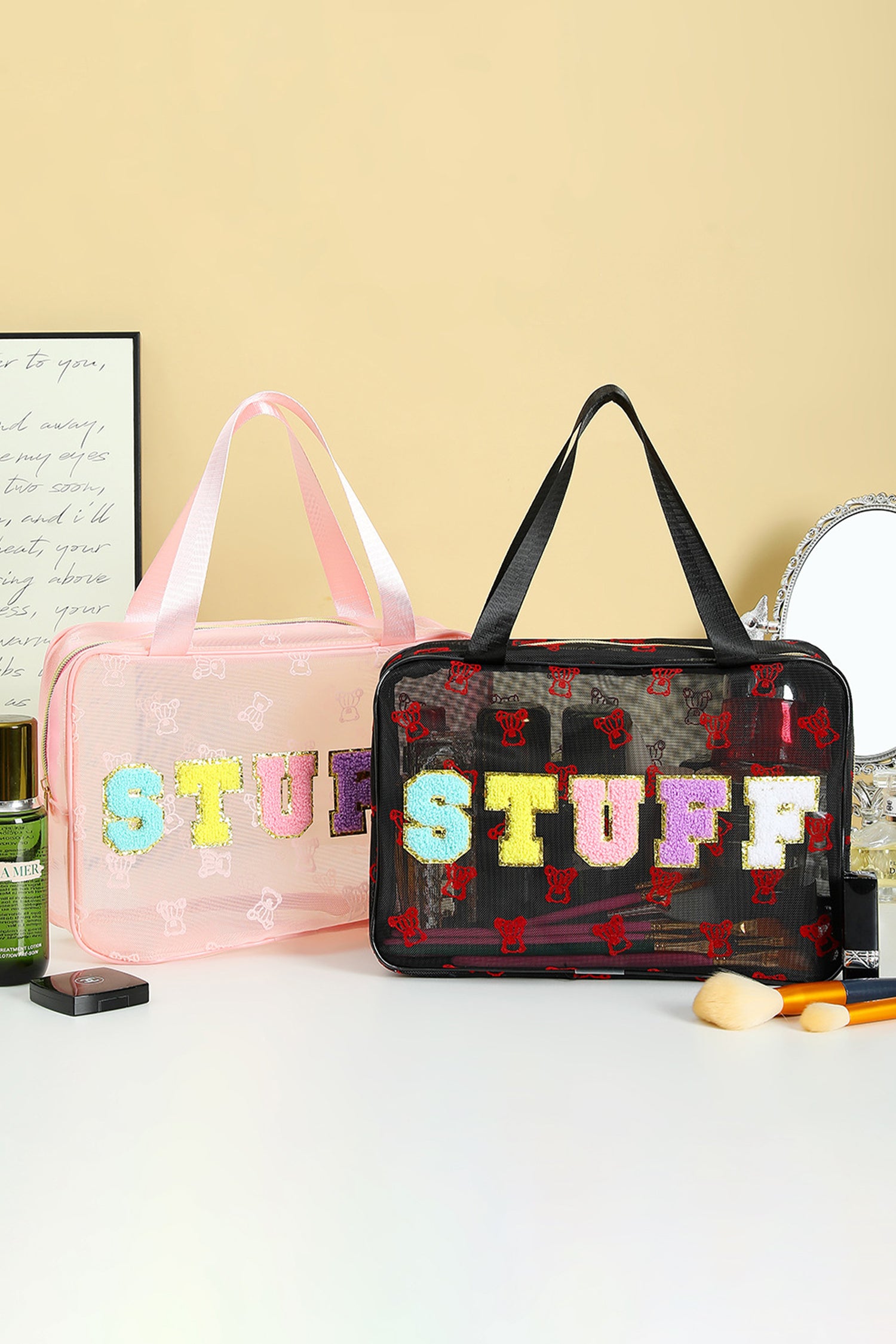 Pink STUFF Chenille Letter Patched Teddy Bear Mesh Lightweight Makeup Bag