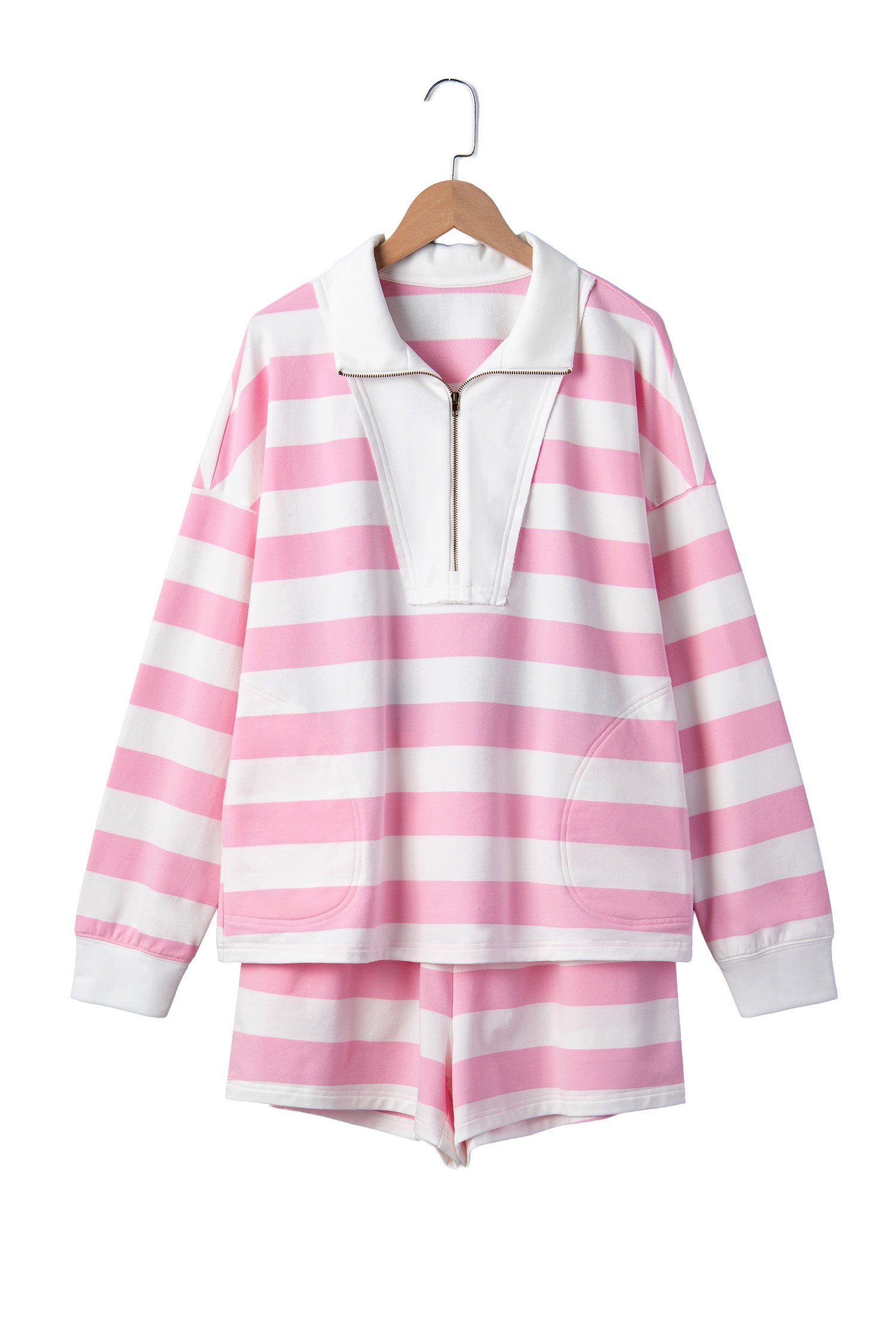 Pink Stripe Patchwork Zipper Pullover Elastic Waist Shorts 2pcs Set
