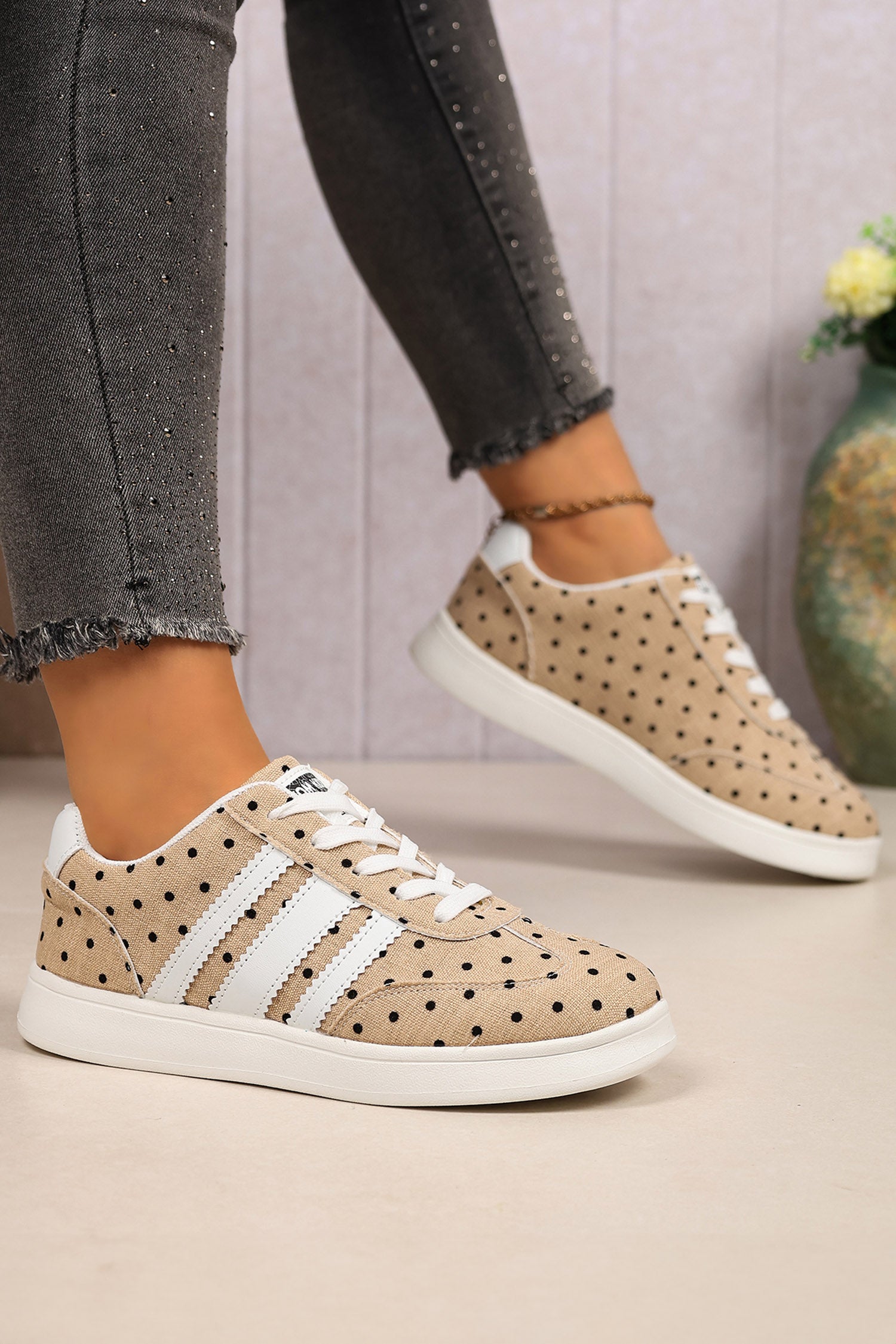 Camel Polka Dot Print PU Leather Detail Lace Up Casual Shoes