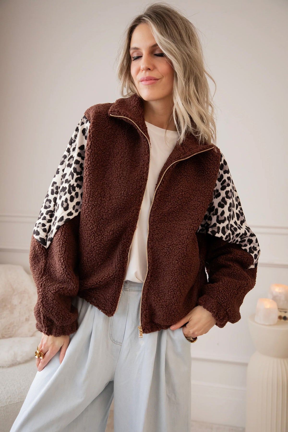 Coffee Leopard Patchwork Fleece Western Style Zip-up Collar Jacket