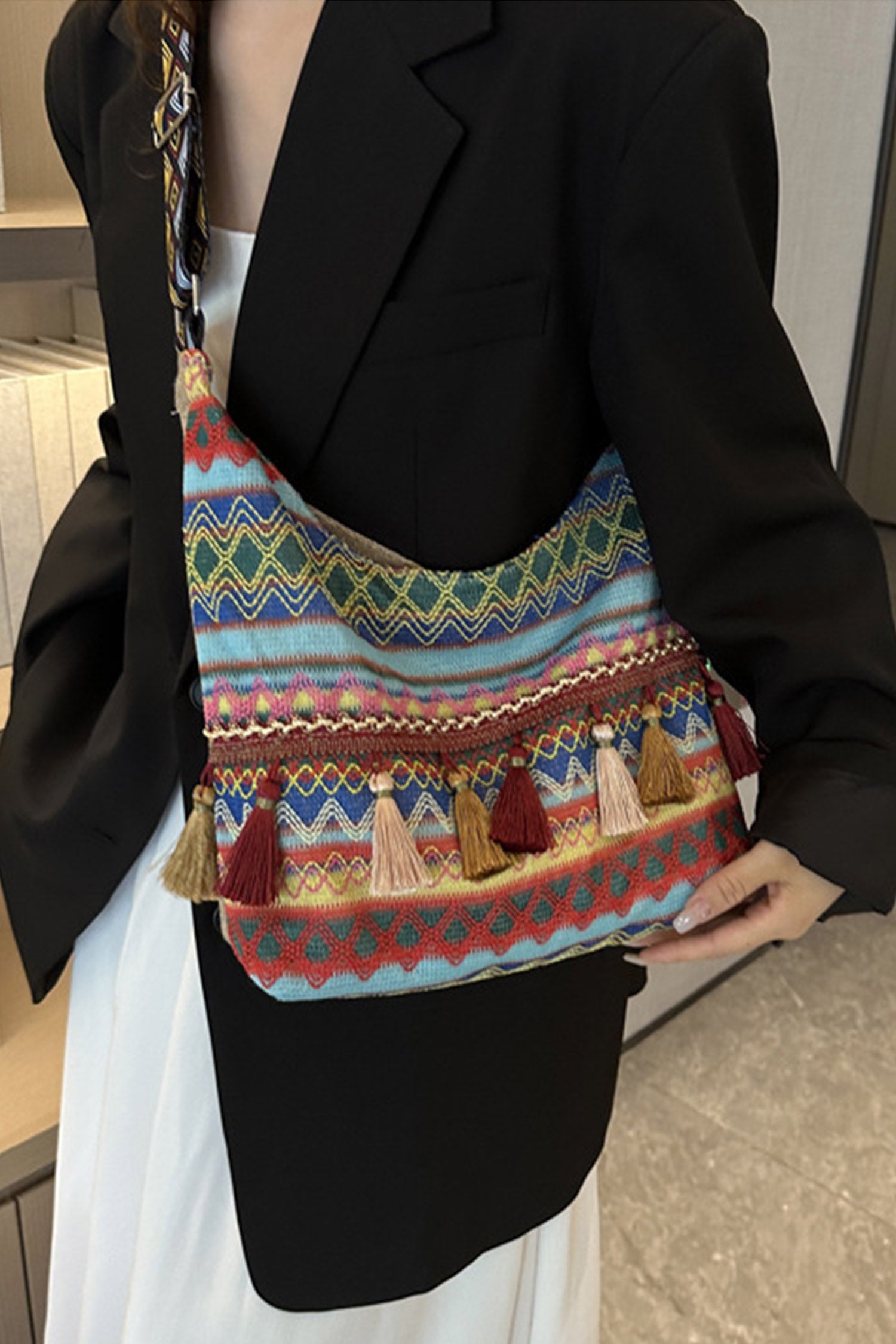 Beau Blue Boho Geometric Pattern Tassel Detail Canvas Tote Bag
