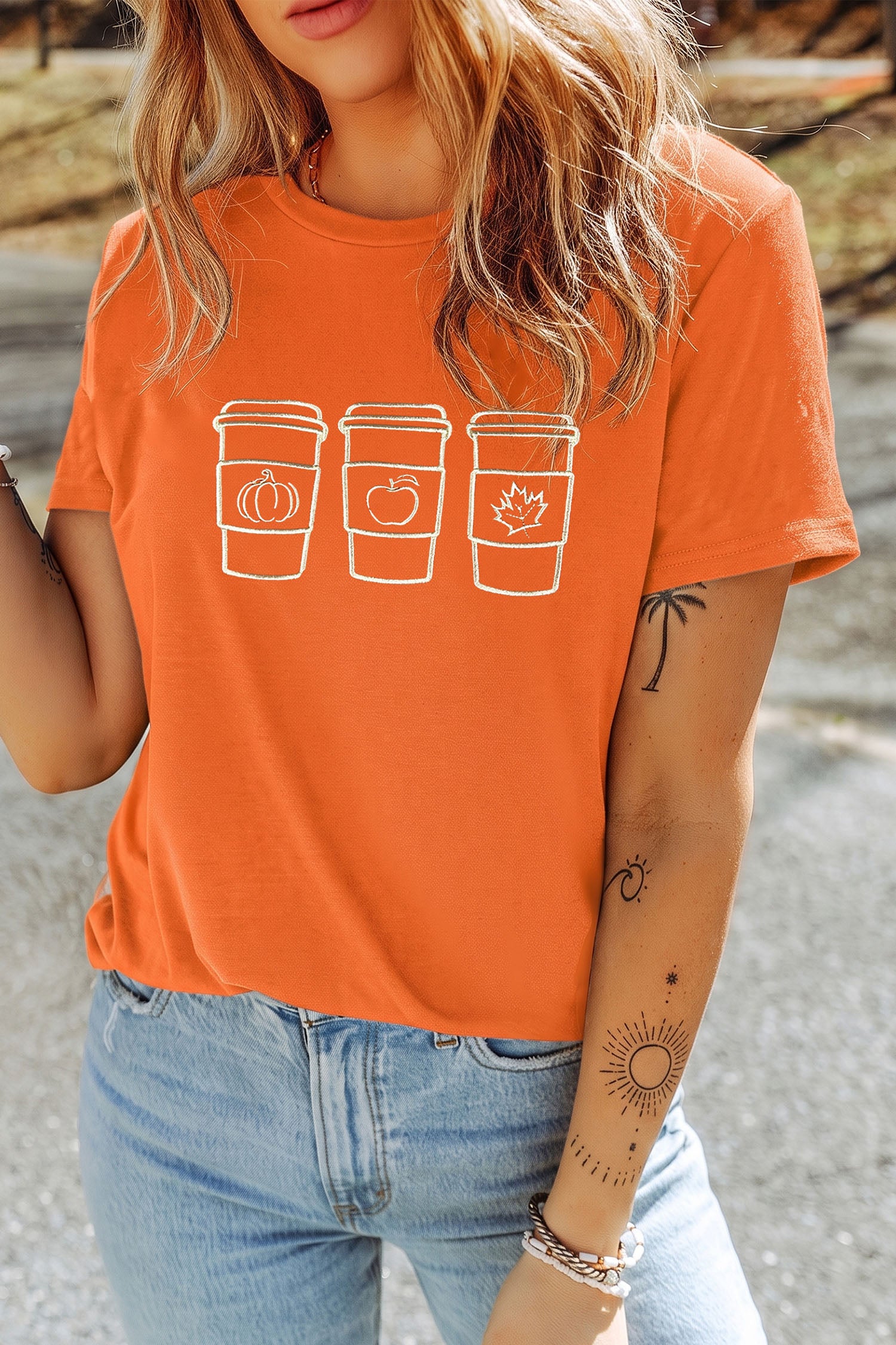 Orange Embroidered Fall Drinks Round Neck Graphic Tee