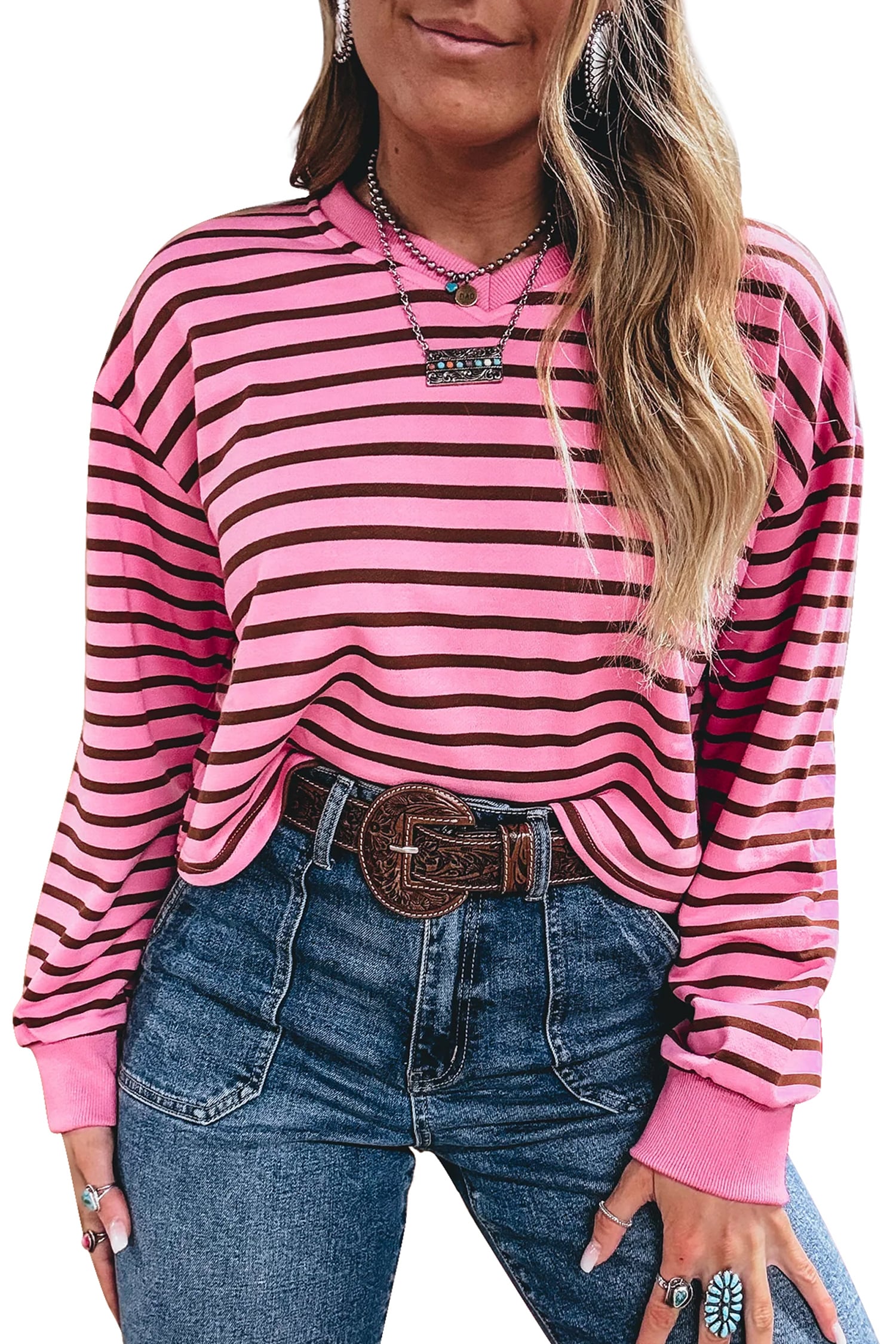 Pink Stripe V Neck Drop Shoulder Long Sleeve Top