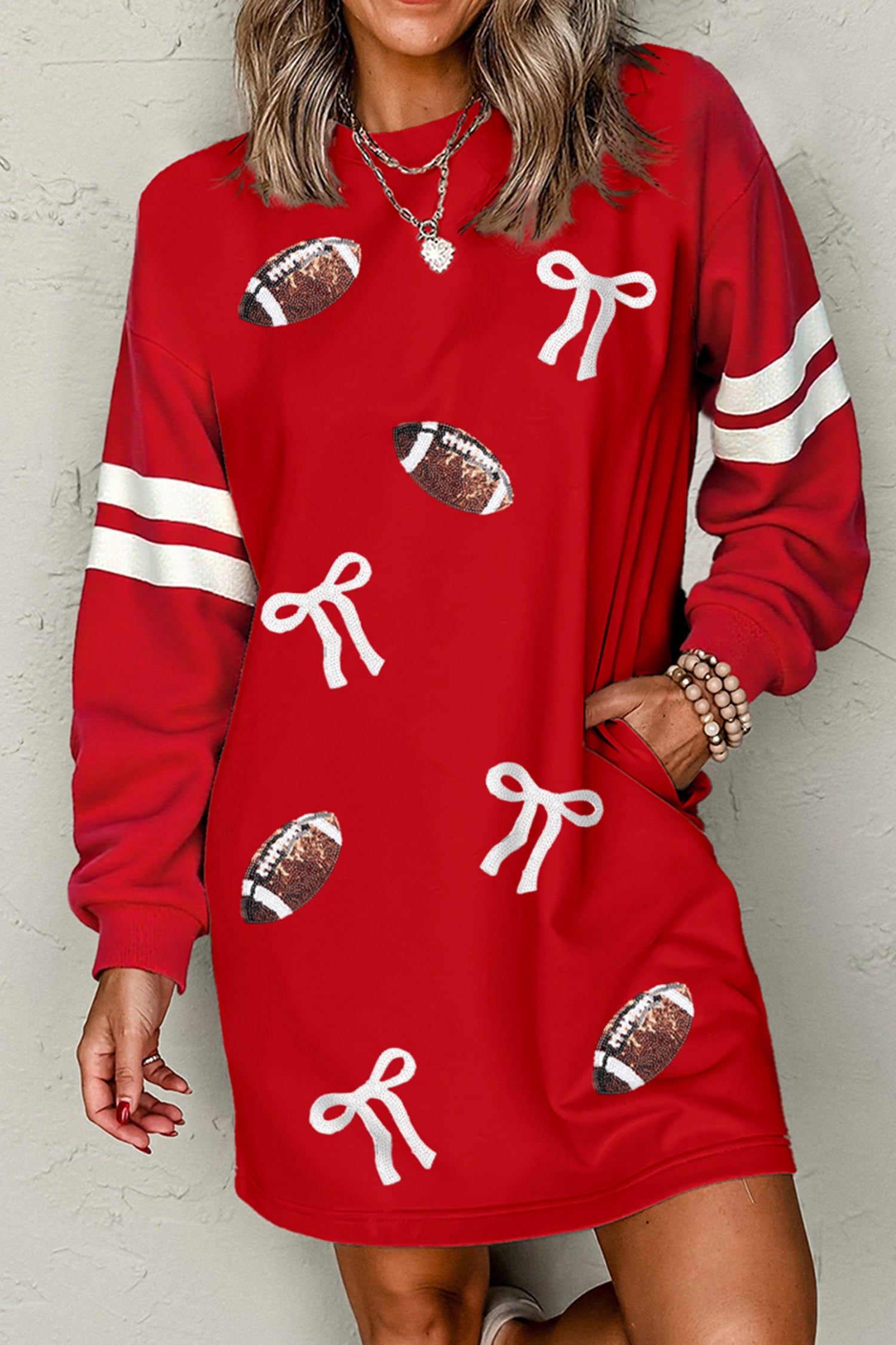 Fiery Red Sequin Rugby Bow Graphic Varsity Striped Sleeve Shift Mini Dress