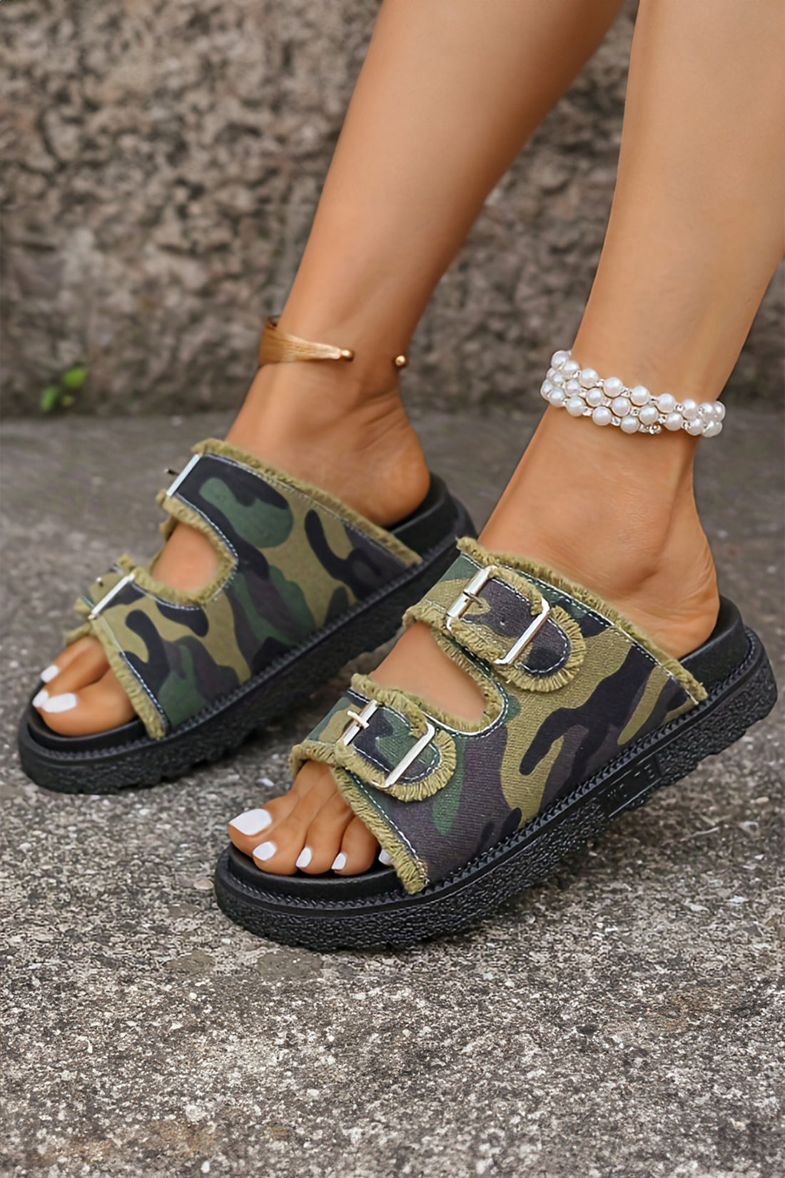 Guacamole Green Denim Camouflage Frayed Trim Hollow Out Retro Slippers