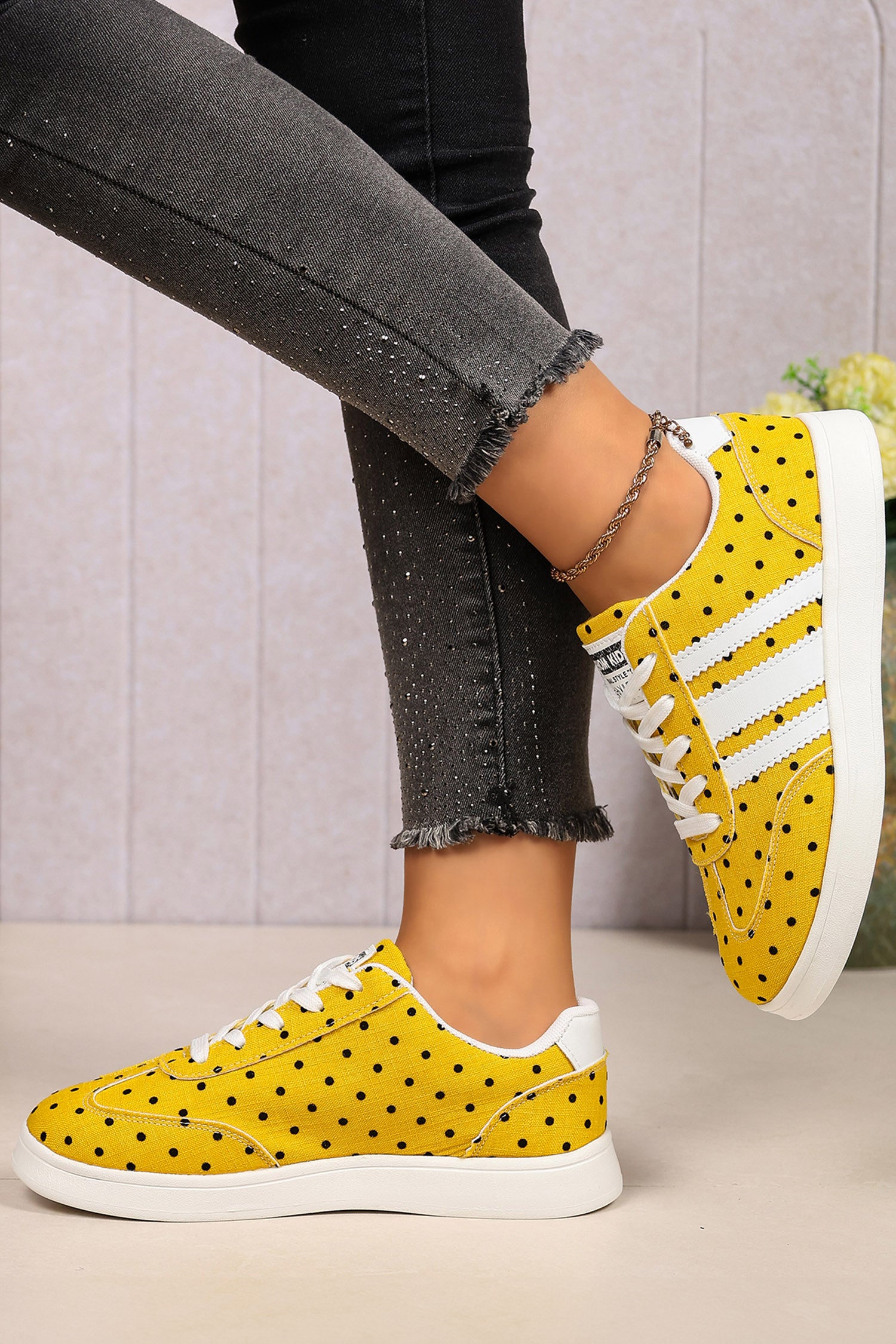 Ginger Polka Dot Print PU Leather Detail Lace Up Casual Shoes