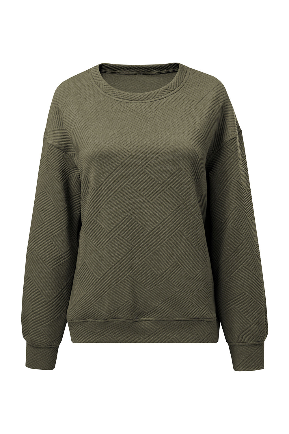 Jungle Green Solid Color Textured Round Neck Drop Shoulder Pullover Sweatshirt