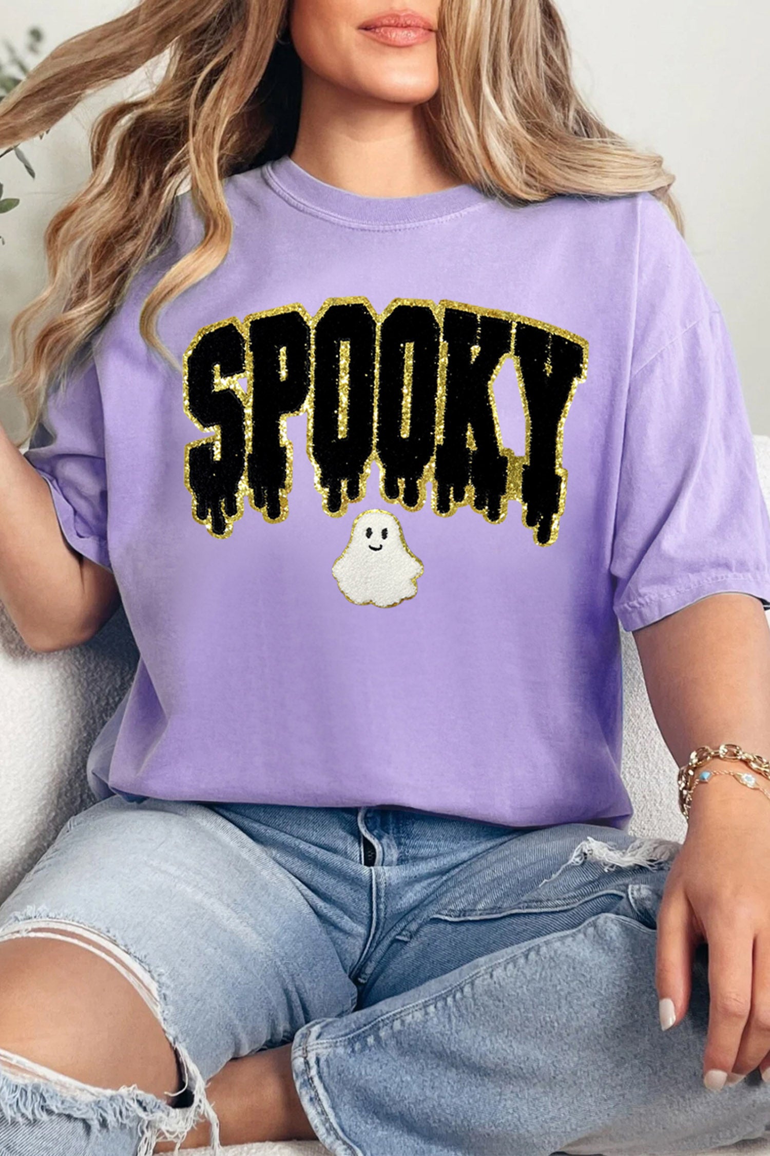 Wisteria Short Sleeve Round Neck Spooky Ghost Letter Print Casual T-Shirt