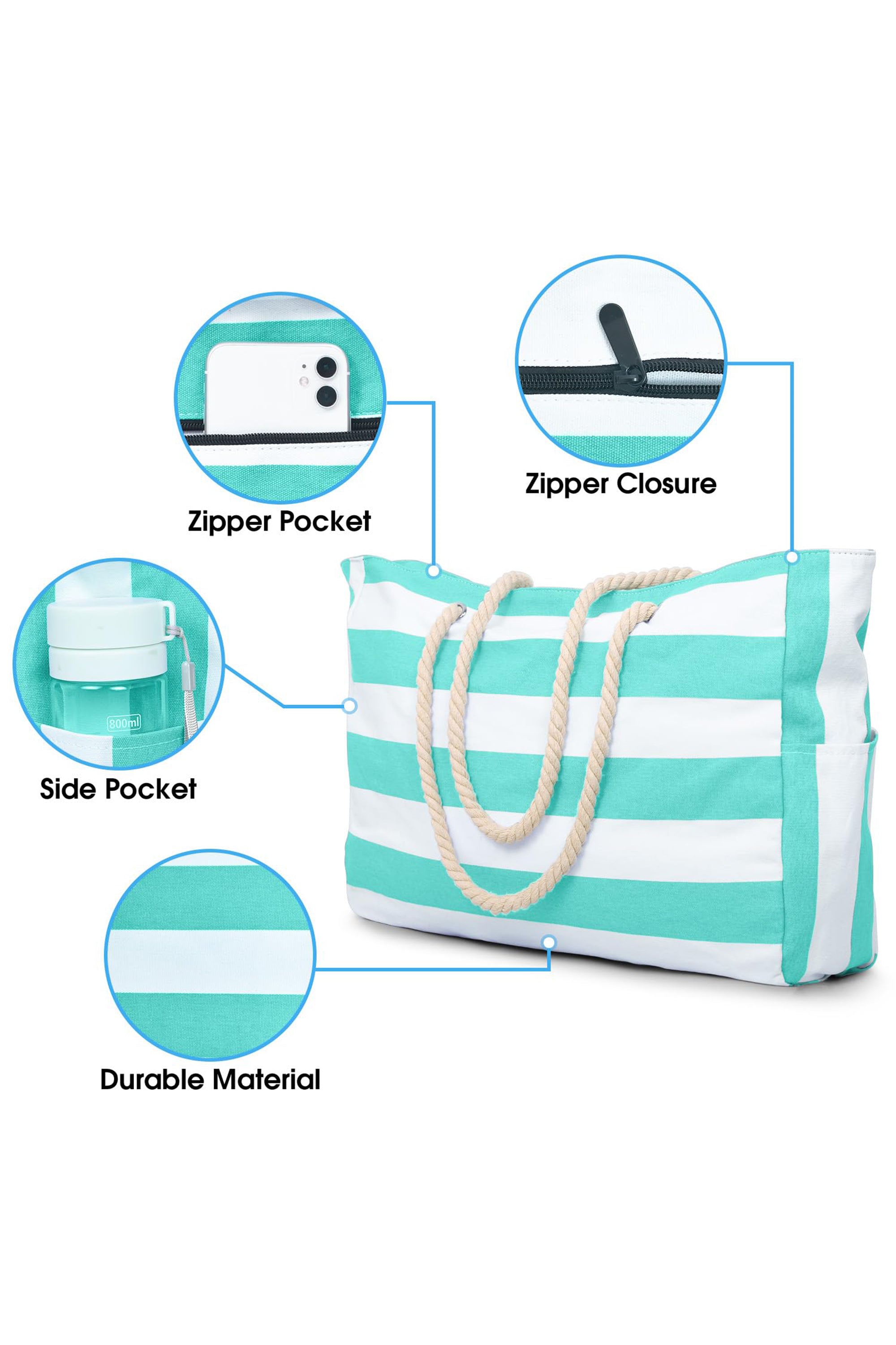 Light Blue Striped Waterproof Canvas Large Capacity Tote Bag
