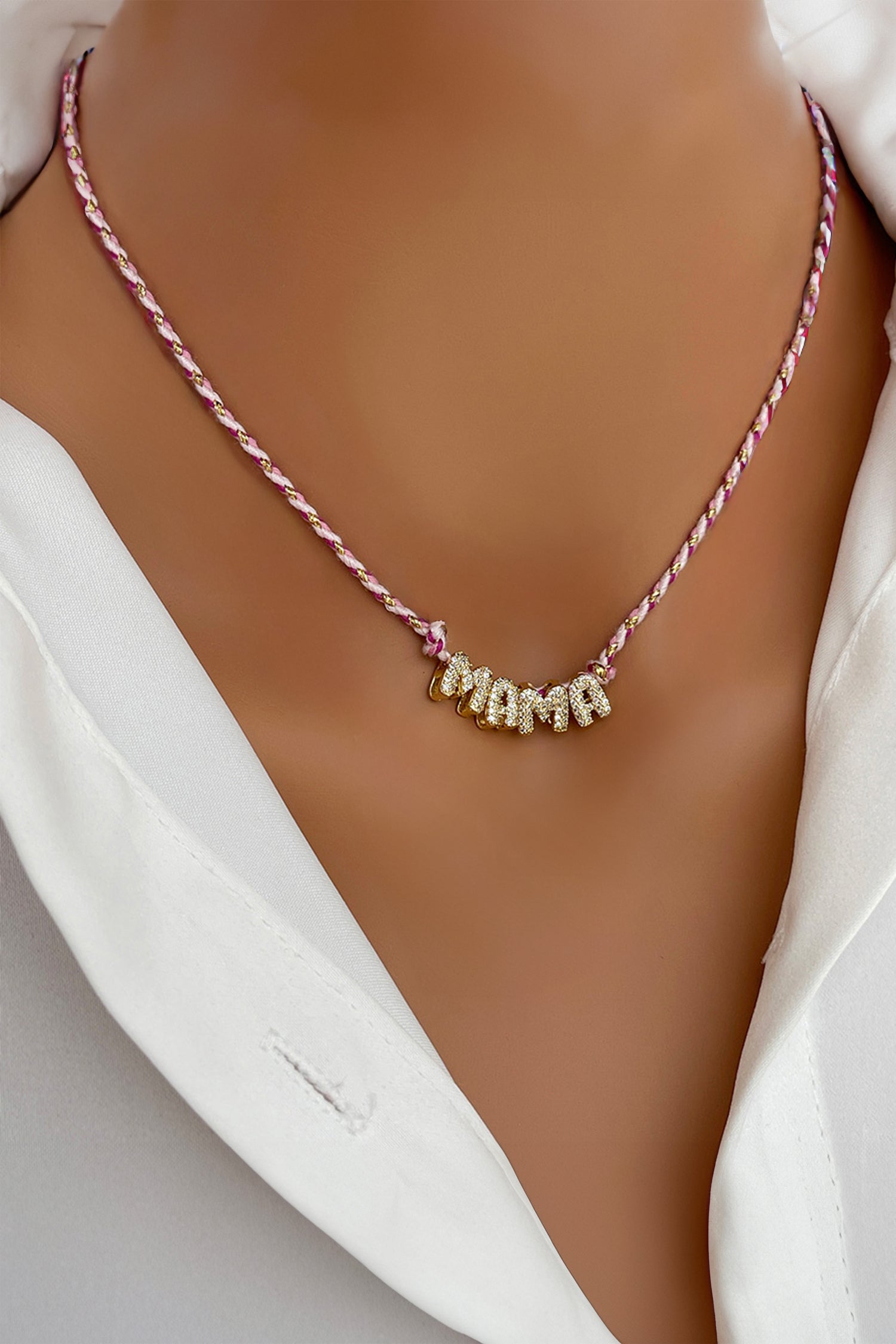 Pink Woven Cord Rhinestone MAMA Charm Necklace
