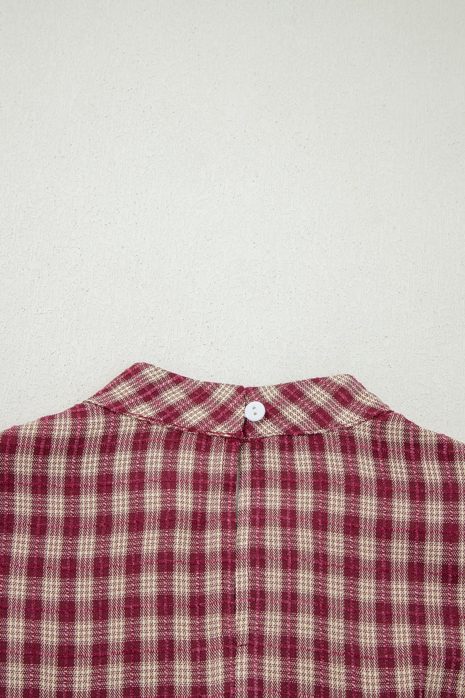Coral Country Plaid Long Sleeve Button Keyhole Pleated Loose Blouse