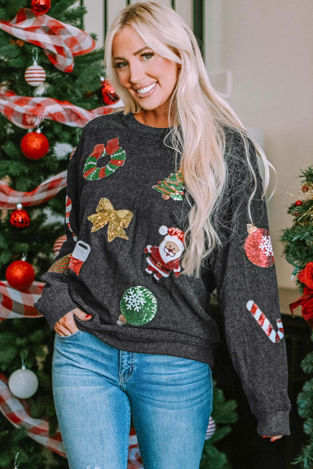 Black Sequined Christmas Graphic Corded Sweatshirt