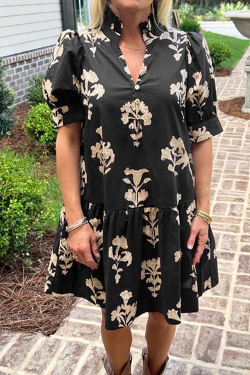 Black Frilled V Neck Puff Short Sleeve Floral Mini Dress