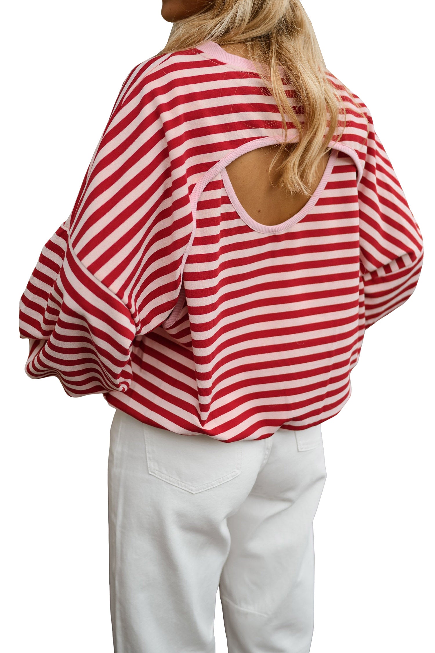 Red Stripe Cutout Open Back Long Sleeve Loose Top