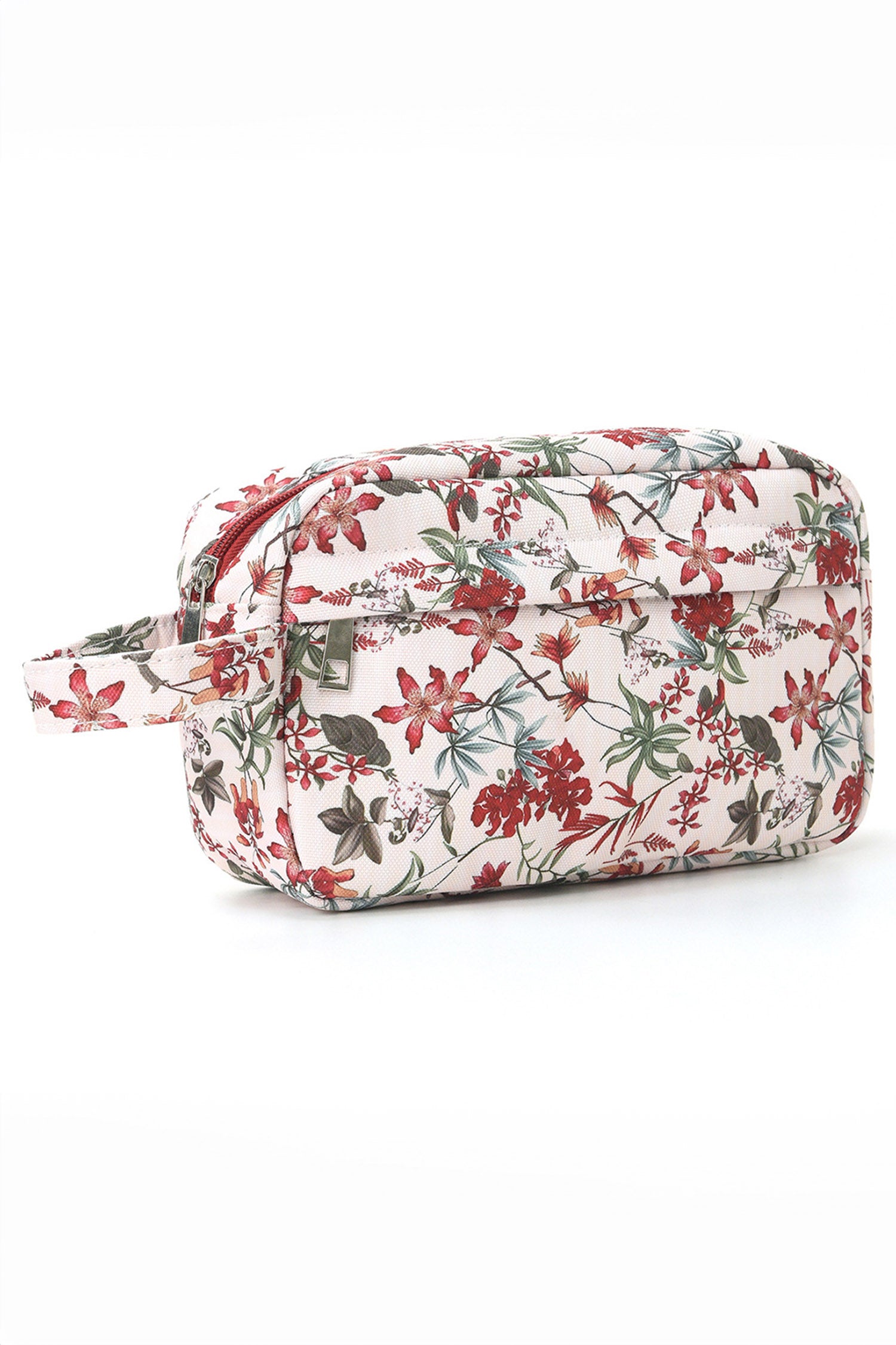 Fiery Red Floral Canvas Durable Zipper Cosmetic Bag for Travel Storage