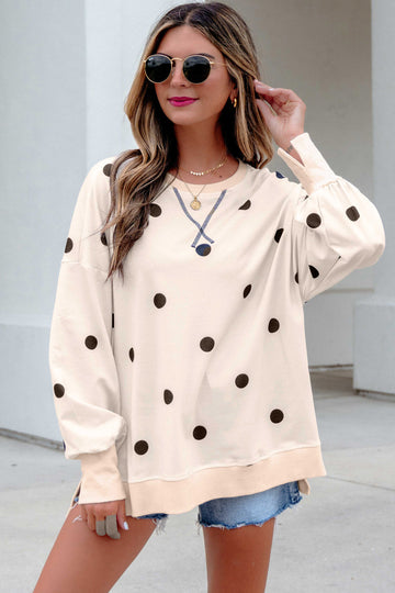 Beige Polka Dot Loose Long Sleeve Split Hem Pullover Top