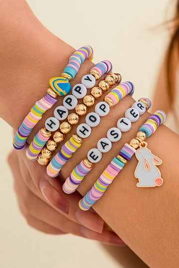 Gold Happy Easter Letter Beaded Elastic Multi Layer Bracelet