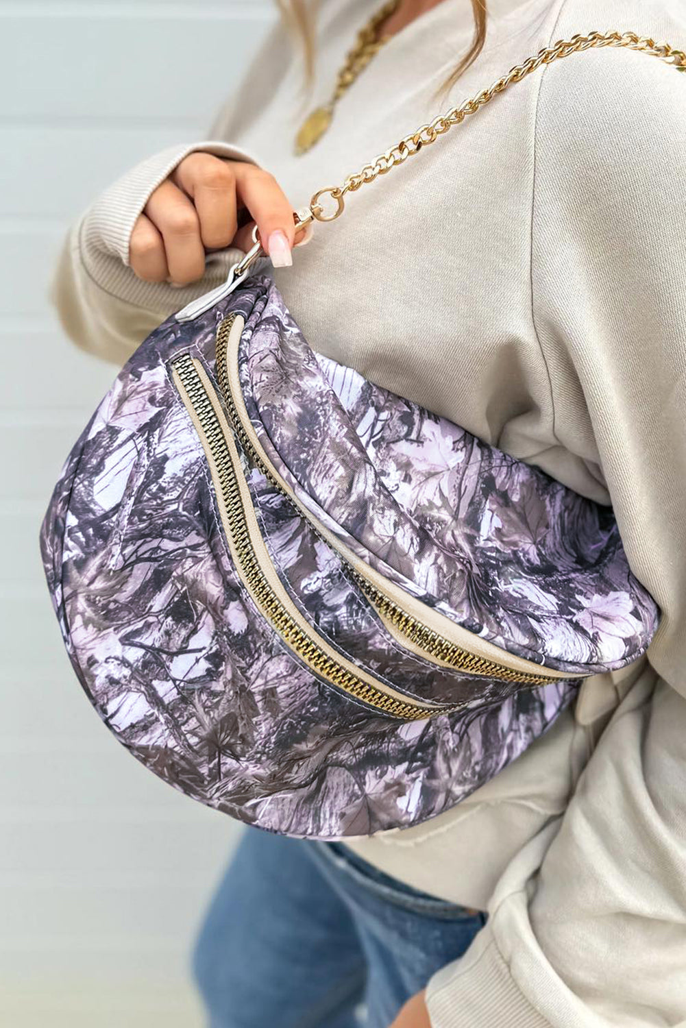 Medium Grey Camouflage Print Gold Chain Strap Double Zipper Crossbody Bag