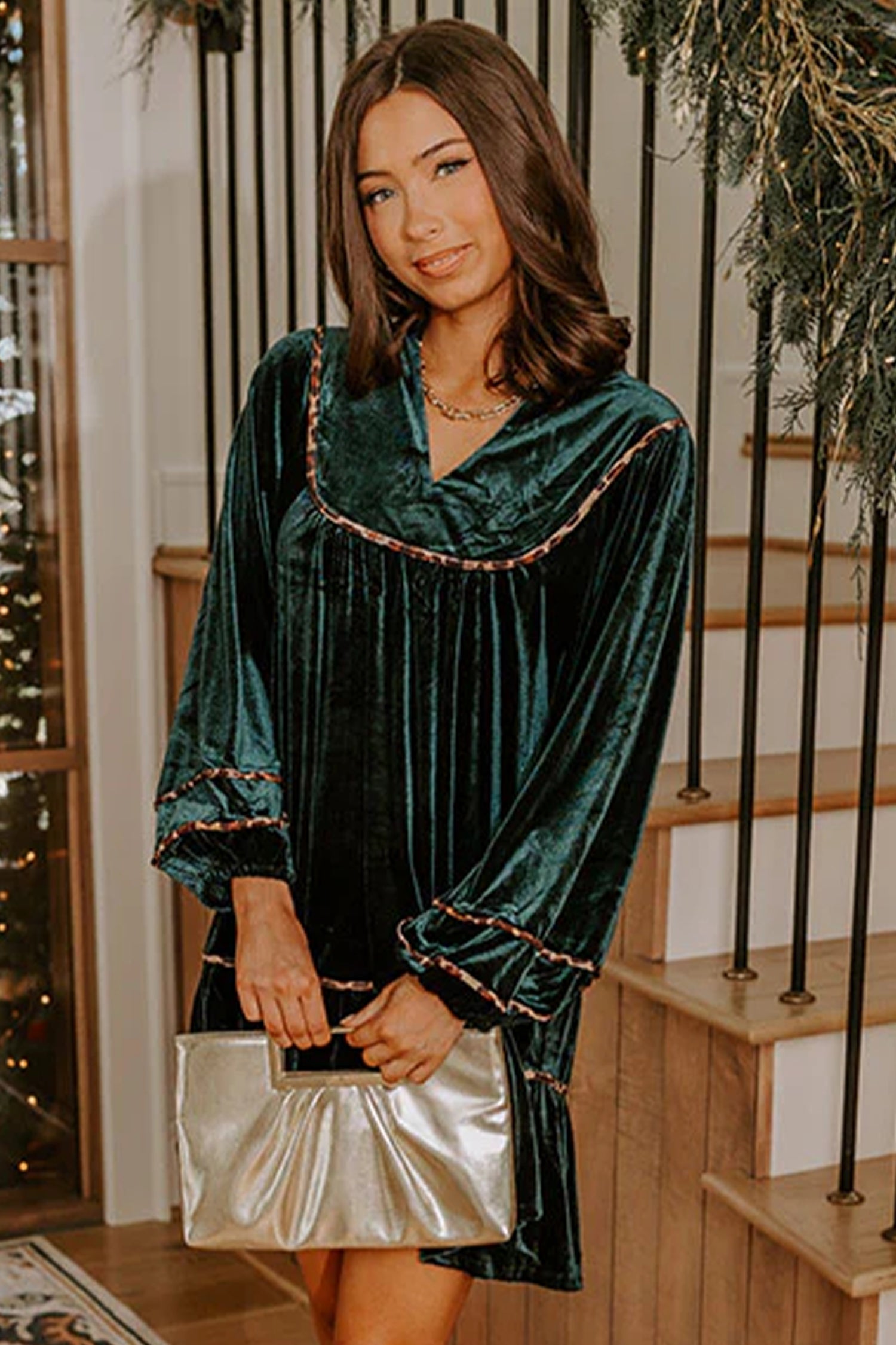 Blackish Green Leopard Trim Velvet Long Sleeve Shift Dress