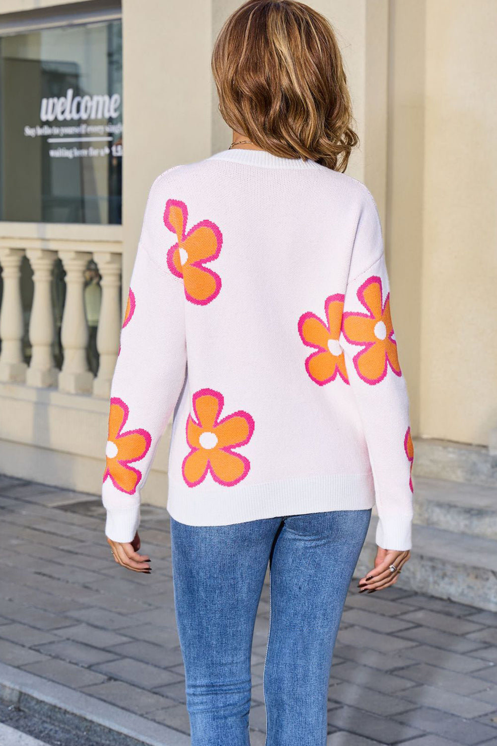Orange Cute Flower Drop Shoulder Ribbed Crew Neck Sweater