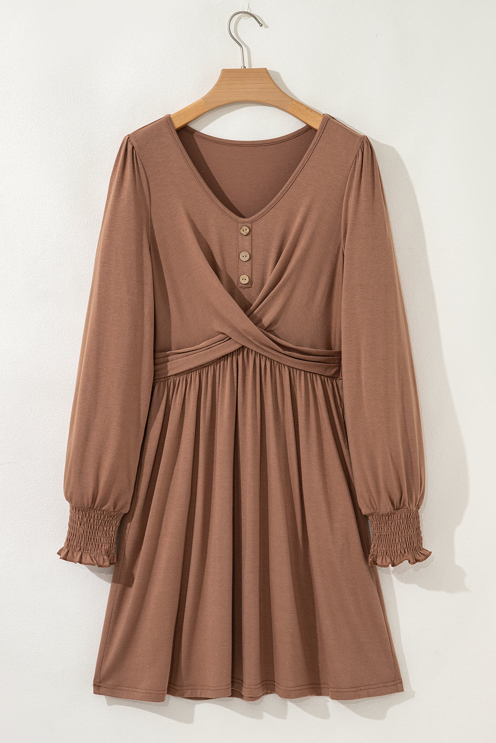 Chestnut Shirred Cuff Long Sleeve Button Round Neck Mini Dress