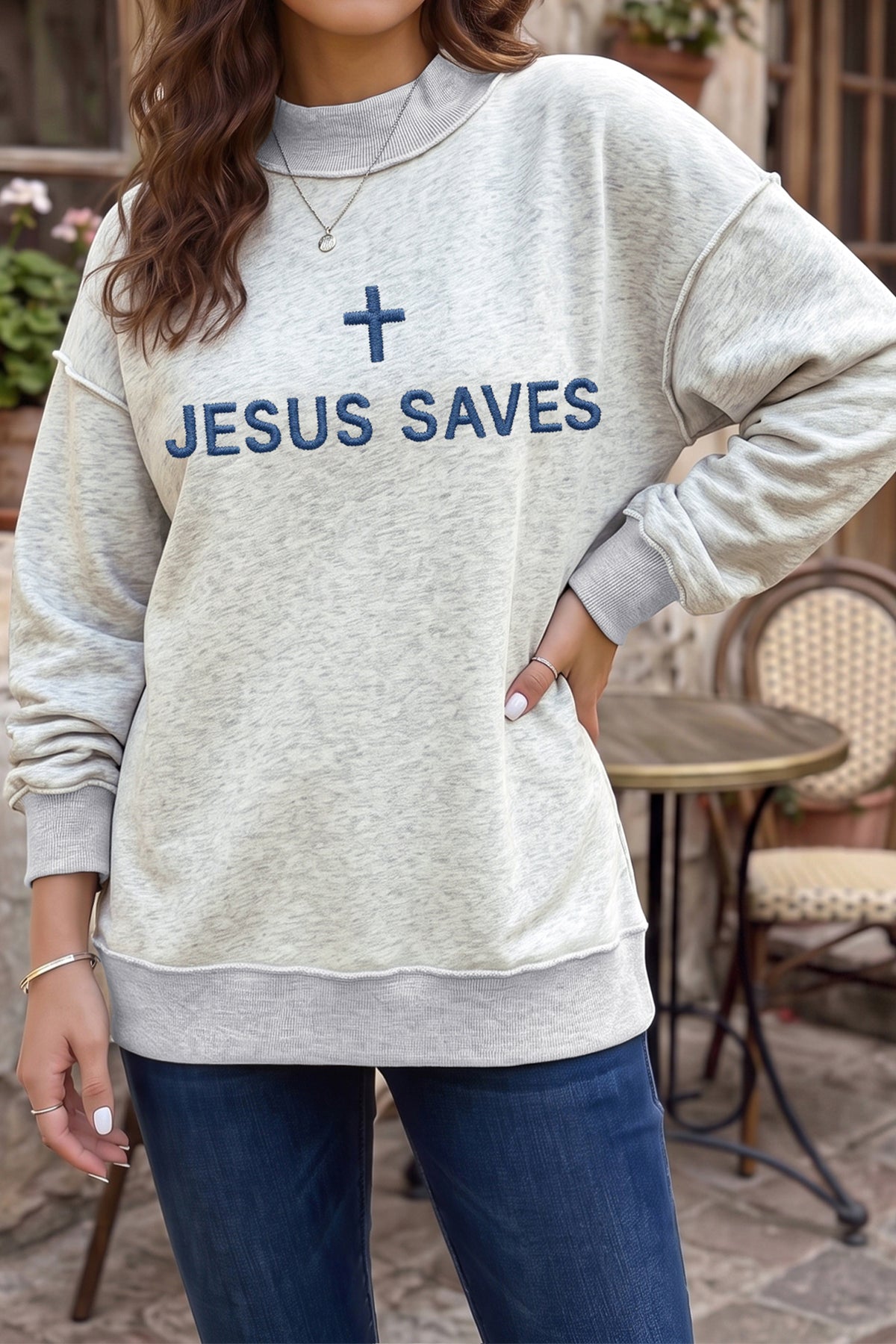 Light Grey JESUS SAVES Embroidered Graphic Exposed Seam Mock Neck Baggy Sweatshirt