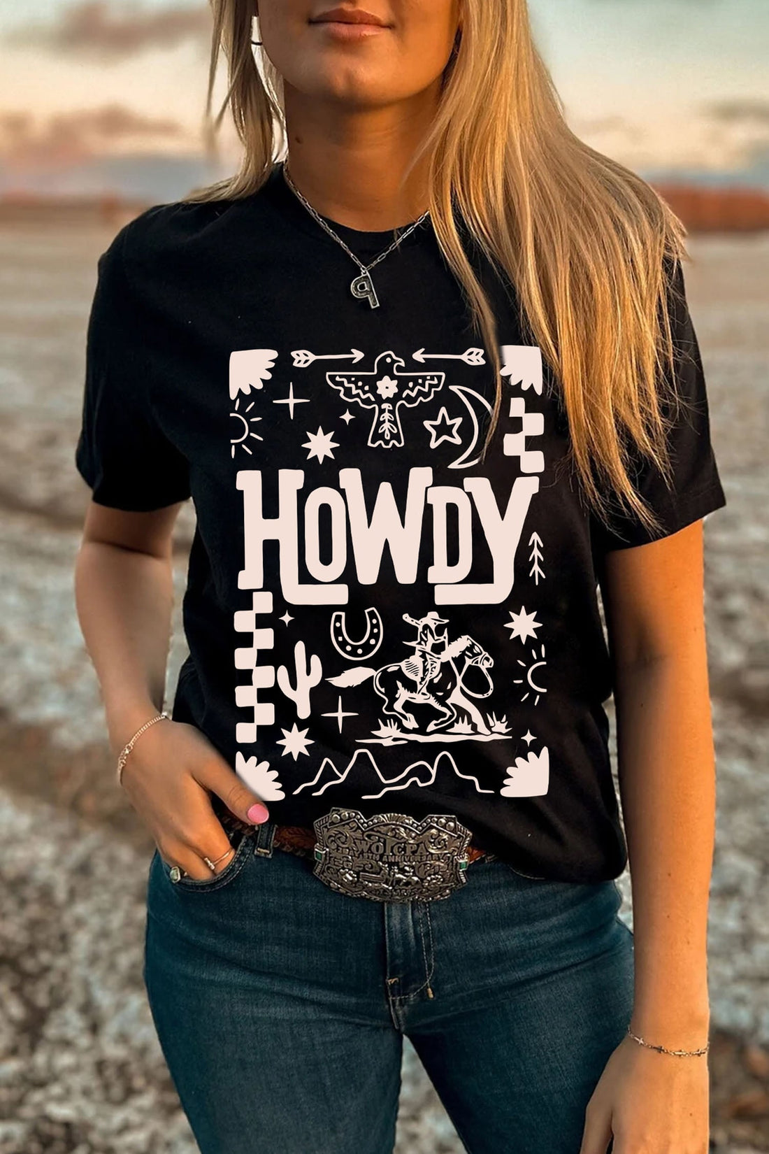 Black HOWDY Western Print Casual Round Neck T Shirt