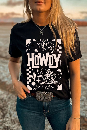 Black HOWDY Western Print Casual Round Neck T Shirt