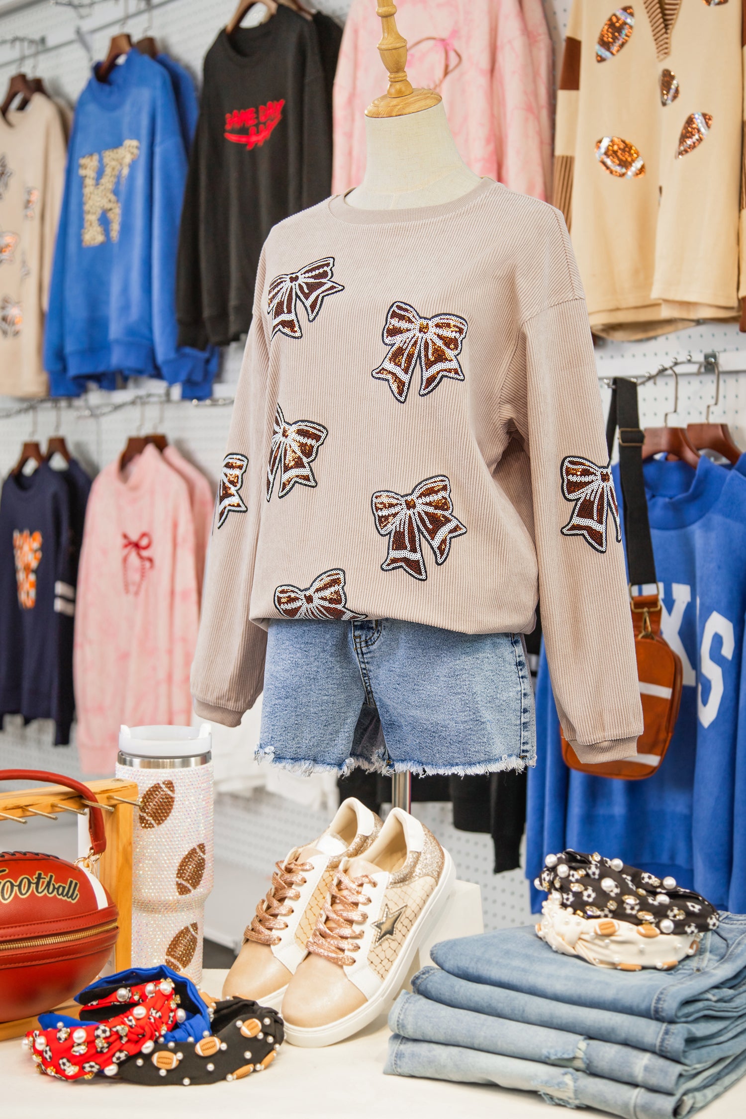 Apricot Oversize Sequin Bow Patched Corded Sweatshirt