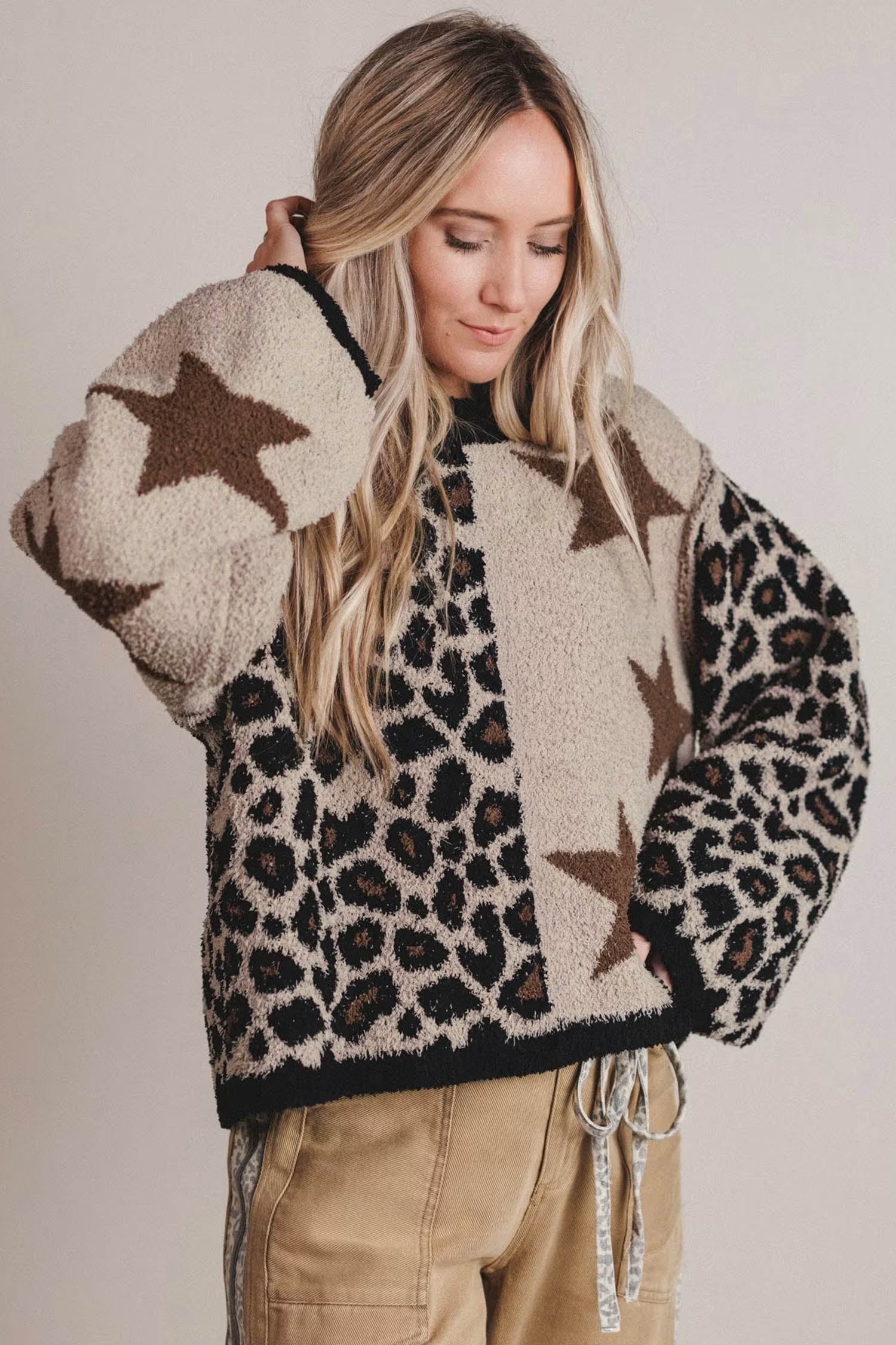 Smoke Gray Leopard Star Pattern Round Neck Long Sleeve Shift Sweater