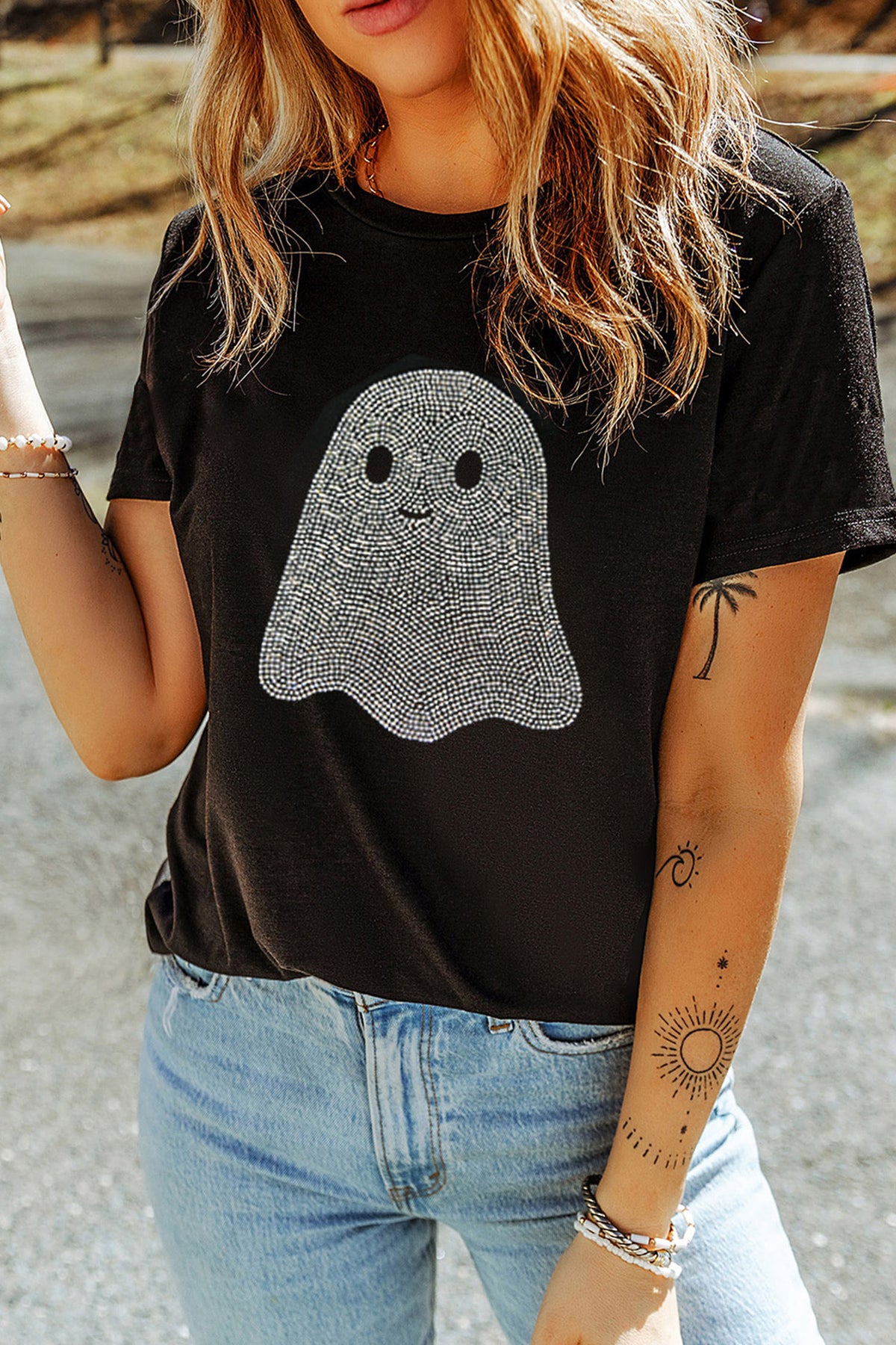 Black Rhinestone Ghost Halloween T Shirt