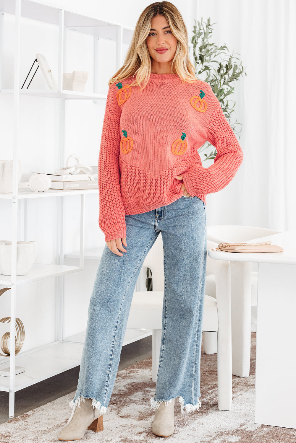 Blossom Pumpkin Embroidered Thanksgiving Holiday Sweater