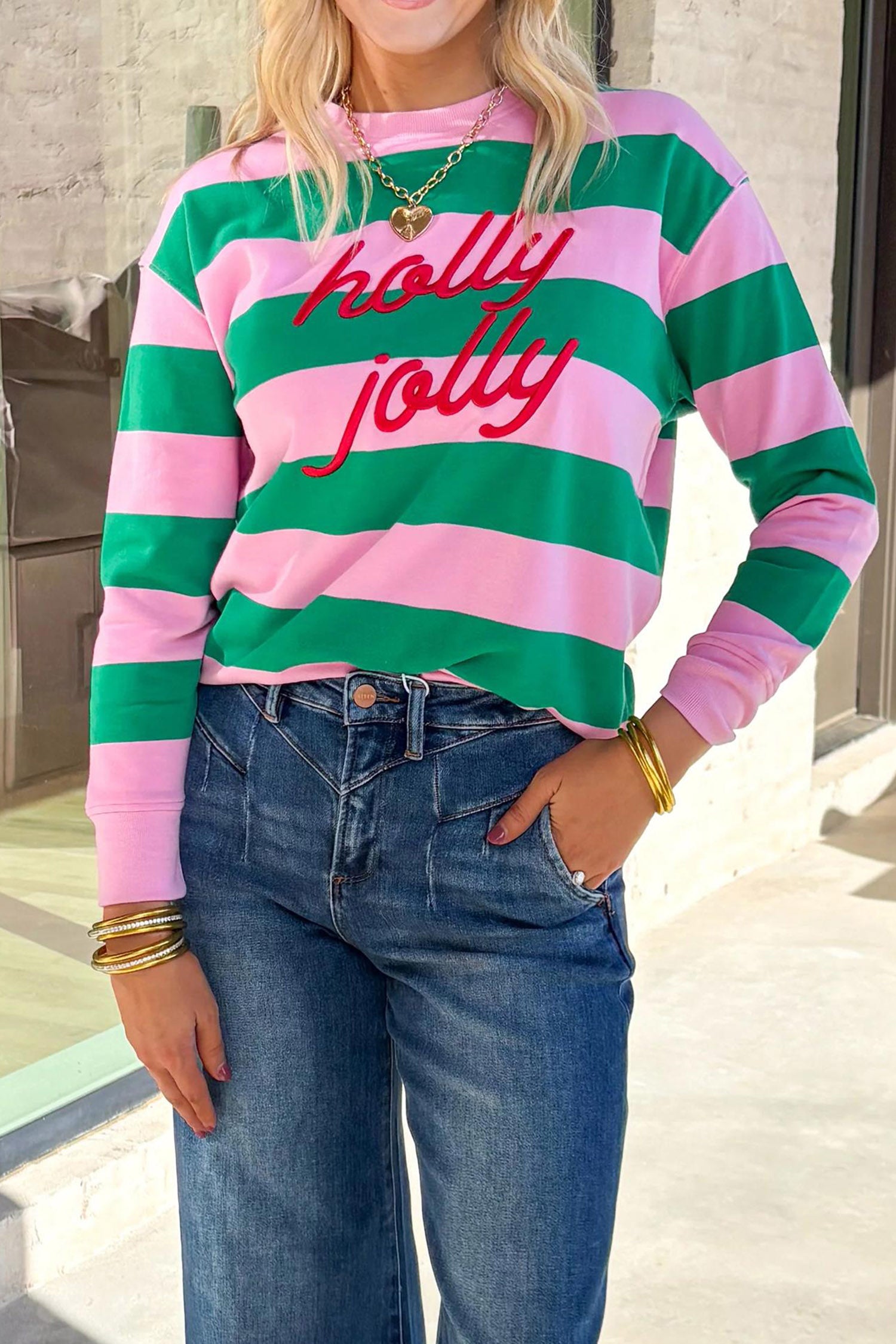 Green Stripe holly jolly Letter Embroidered Pullover Sweatshirt
