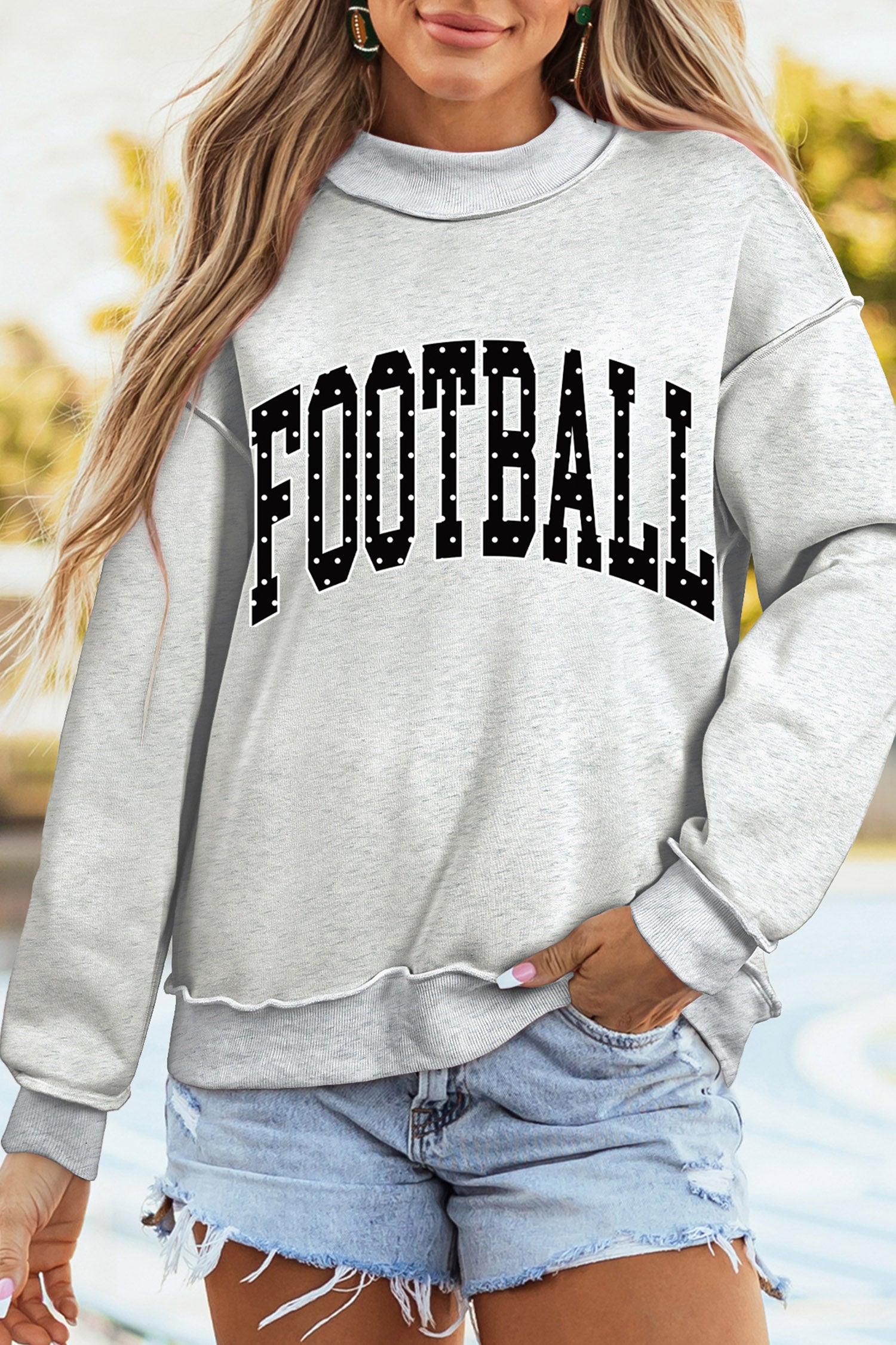 Light Grey Polka Dot Football Letter Print Mock Neck Long Sleeve Pullover Sweatshirt