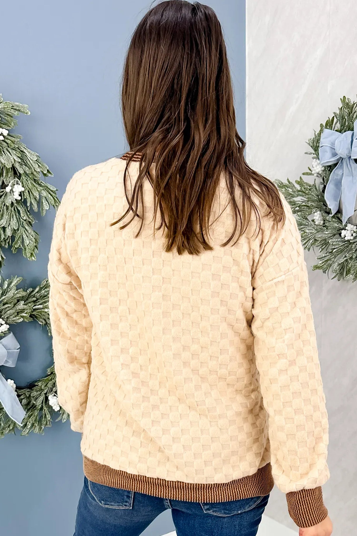 Parchment Plush Checkered Contrast Twisted Rib Long Sleeve Top