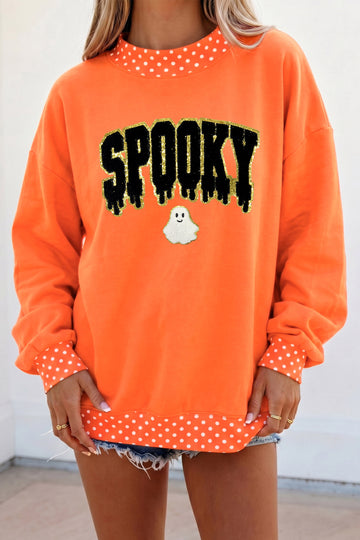 Orange Spooky Letter Print Polka Dot Trim Mock Neck Halloween Sweatshirt
