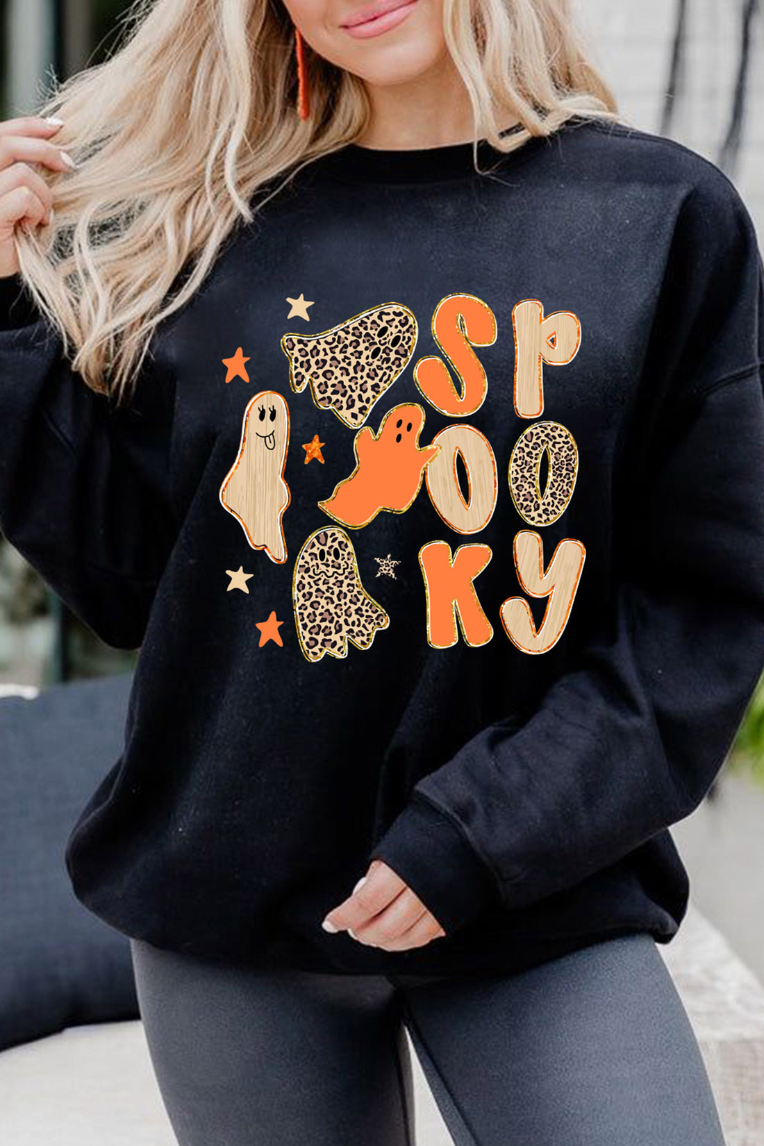 Black Leopard Print Ghost Pattern Spooky Halloween Pullover Sweatshirt