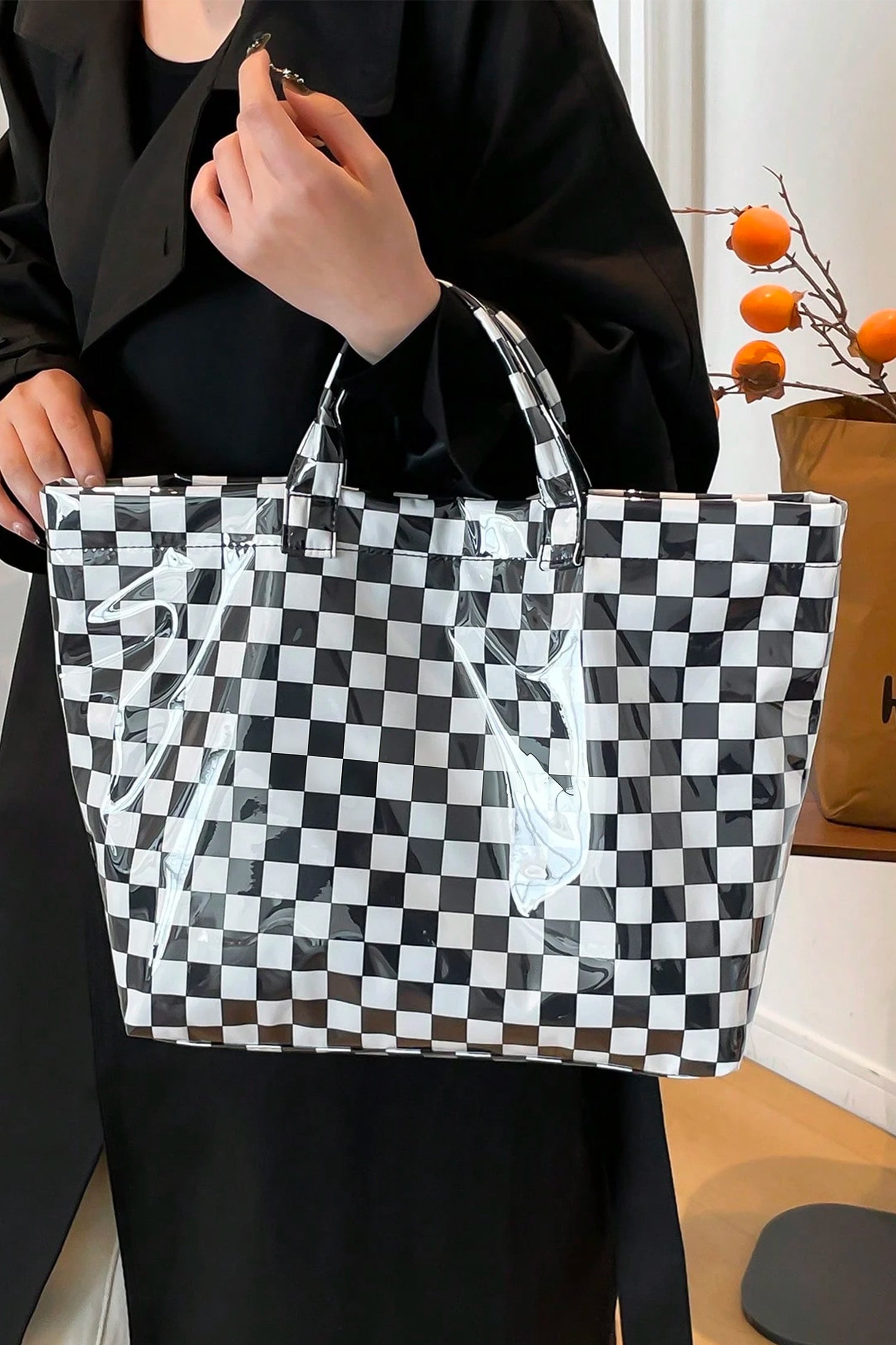 Color black Plaid Pattern PVC Glossy Waterproof Tote Bag