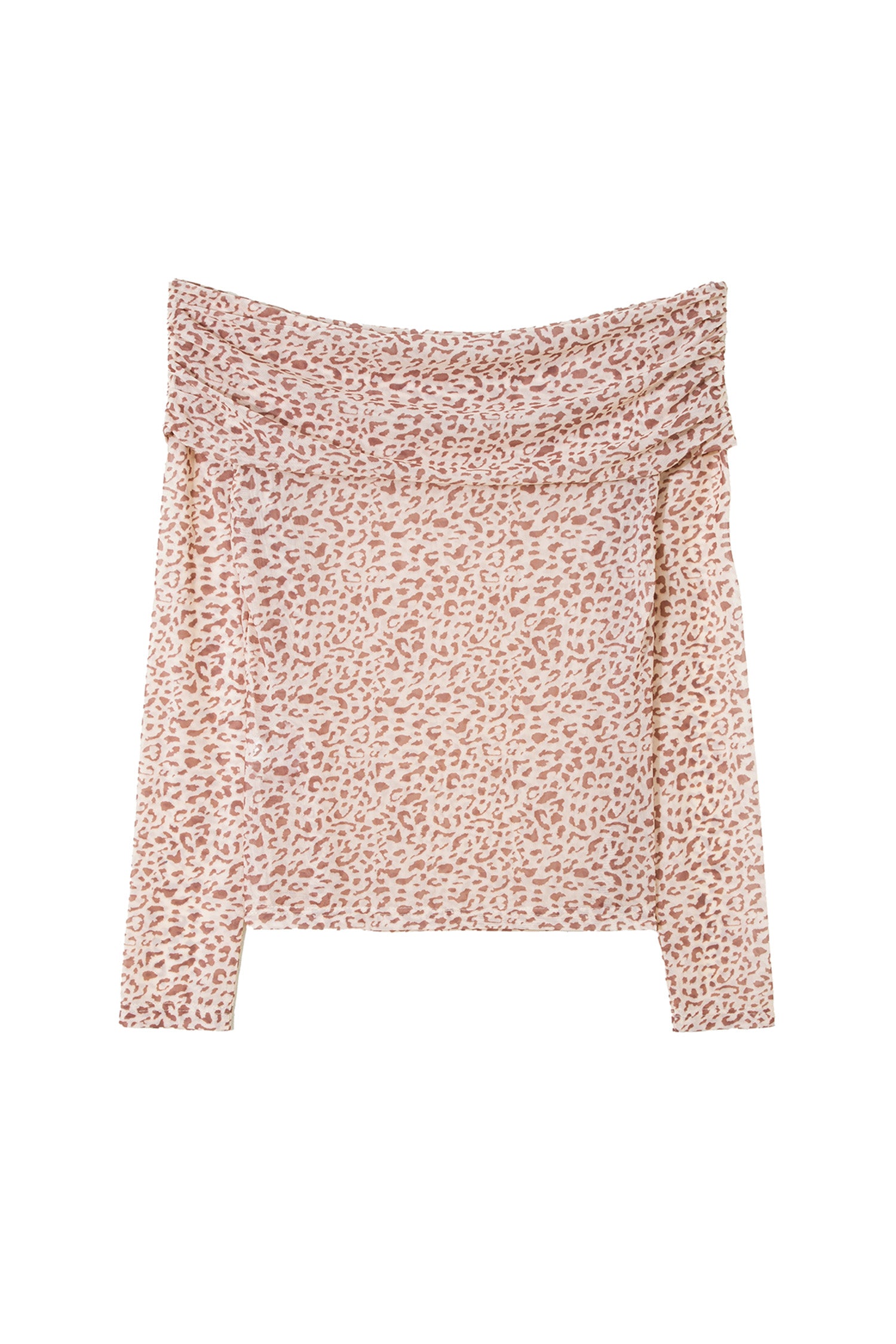 Brown Leopard Print Foldover Off Shoulder Long Sleeve Mesh Top