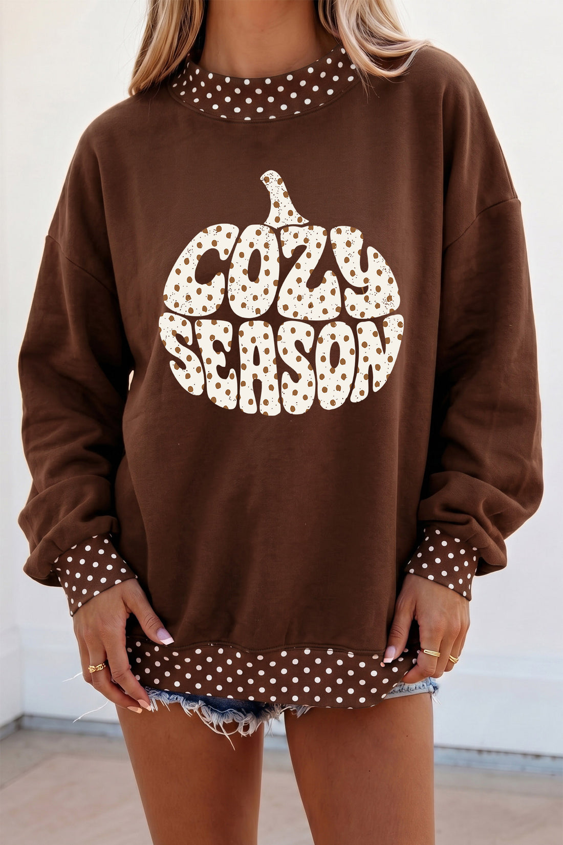 Brown Polka Dot COZY SEASON Pumpkin Graphic Sweatshirt