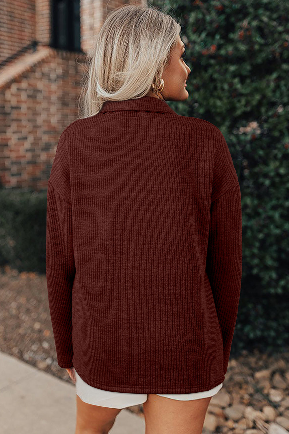 Red Sandalwood Ribbed Knit Buttons Front Flap Pocket Casual Shacket