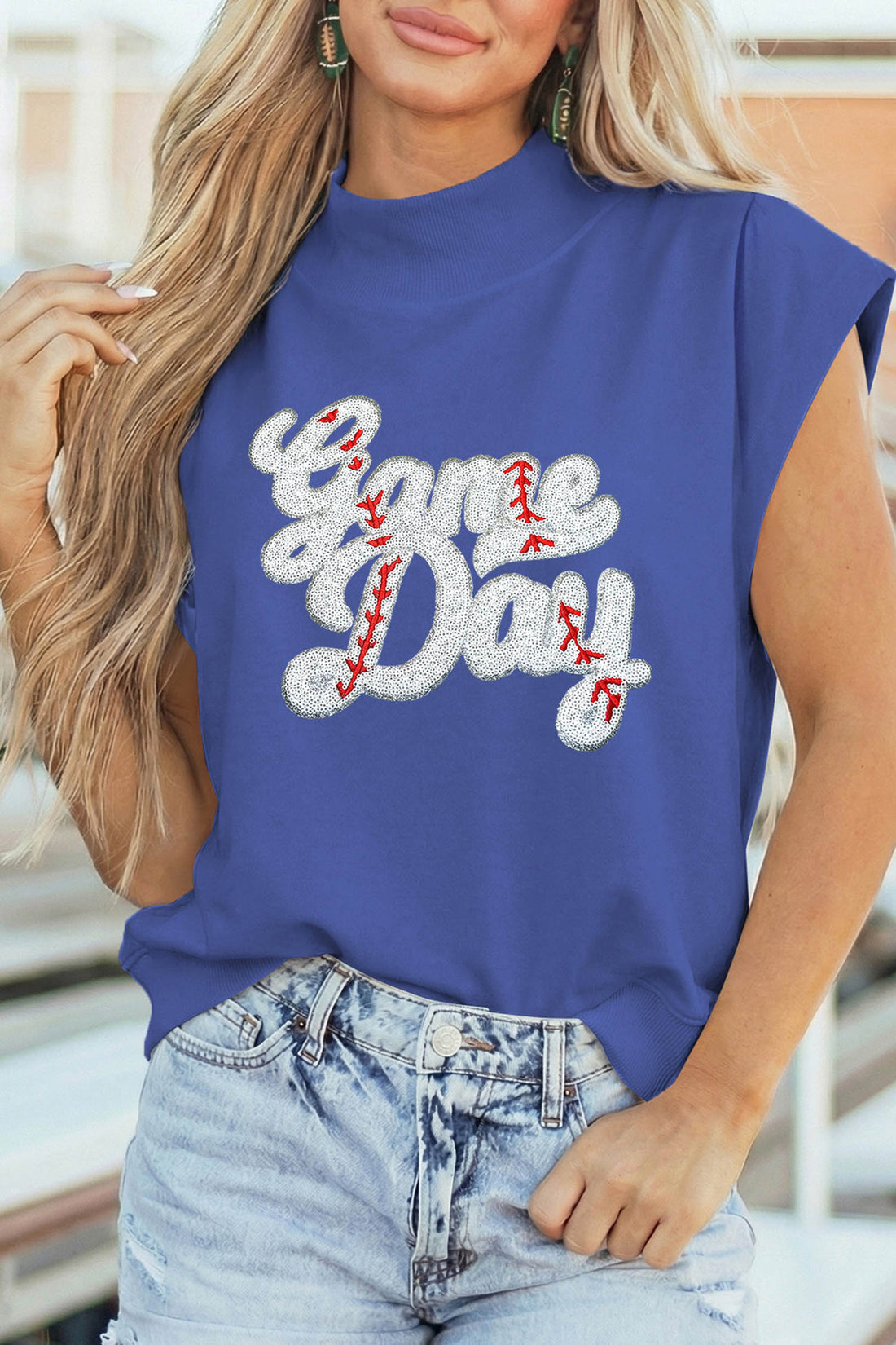 Sky Blue Sequin Game Day Slogan High Neck Short Sleeve Top